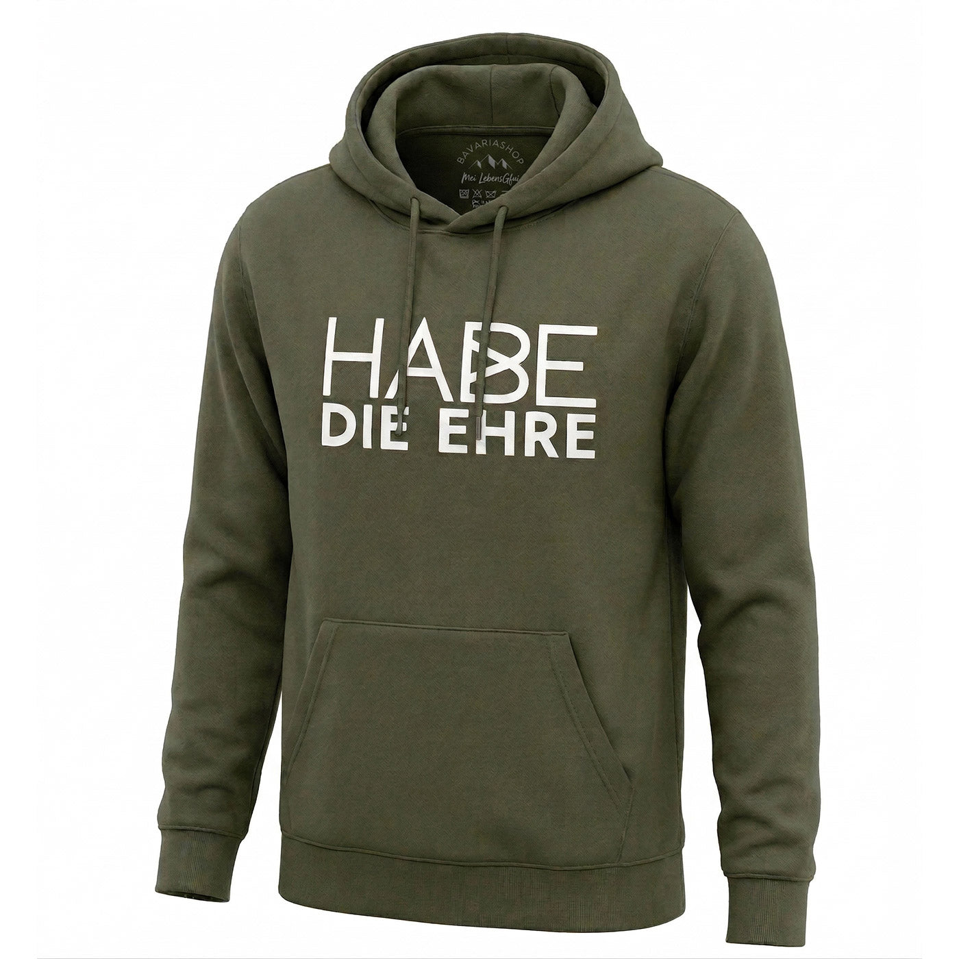 Grüner Hoodie mit weißer Aufschrift "HABE DIE EHRE" auf der Brust und Kängurutasche.