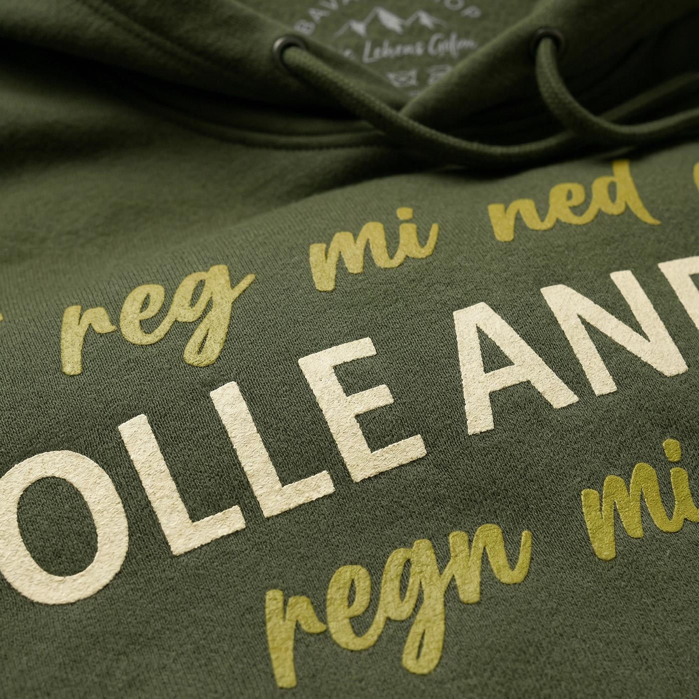 Grüner Hoodie mit hellem Aufdruck "I reg mi ned auf, i..." und Kapuze mit Kordelzug