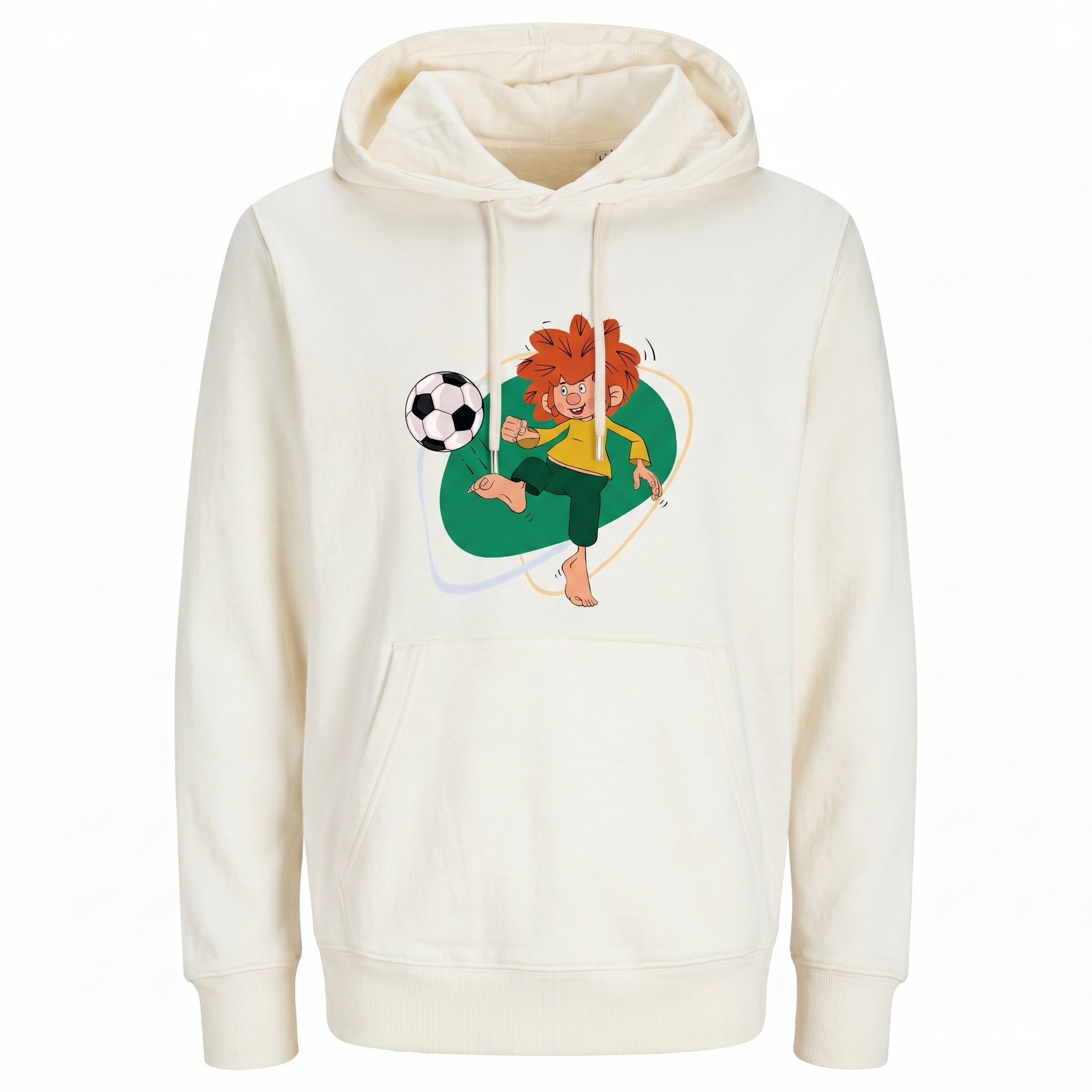 Unisex-Hoodie in Beige mit Pumuckl-Motiv, der barfuß einen Fußball kickt, ideal für Fans und Sportbegeisterte.