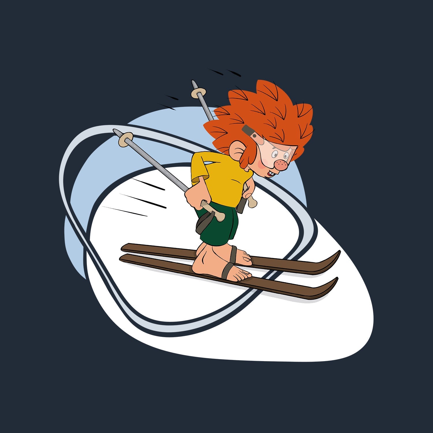 Pumuckl Hoodie Skifahren: Freche Zeichentrickfigur Pumuckl auf Skiern mit Skistöcken auf blauem Hintergrund.