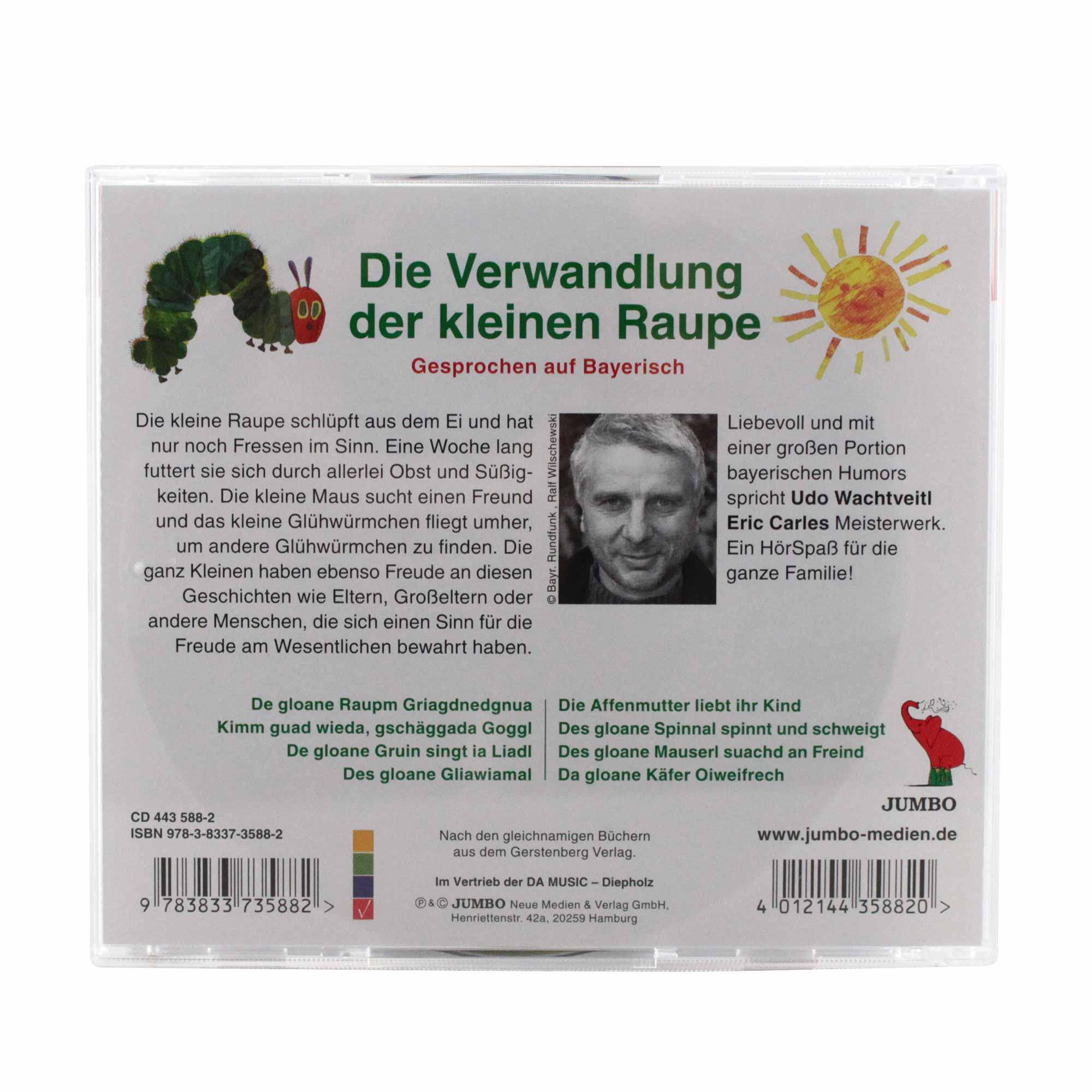 Hörspiel-CD mit der bayerischen Version von „Die kleine Raupe Nimmersatt“, gesprochen von Udo Wachtveitl.