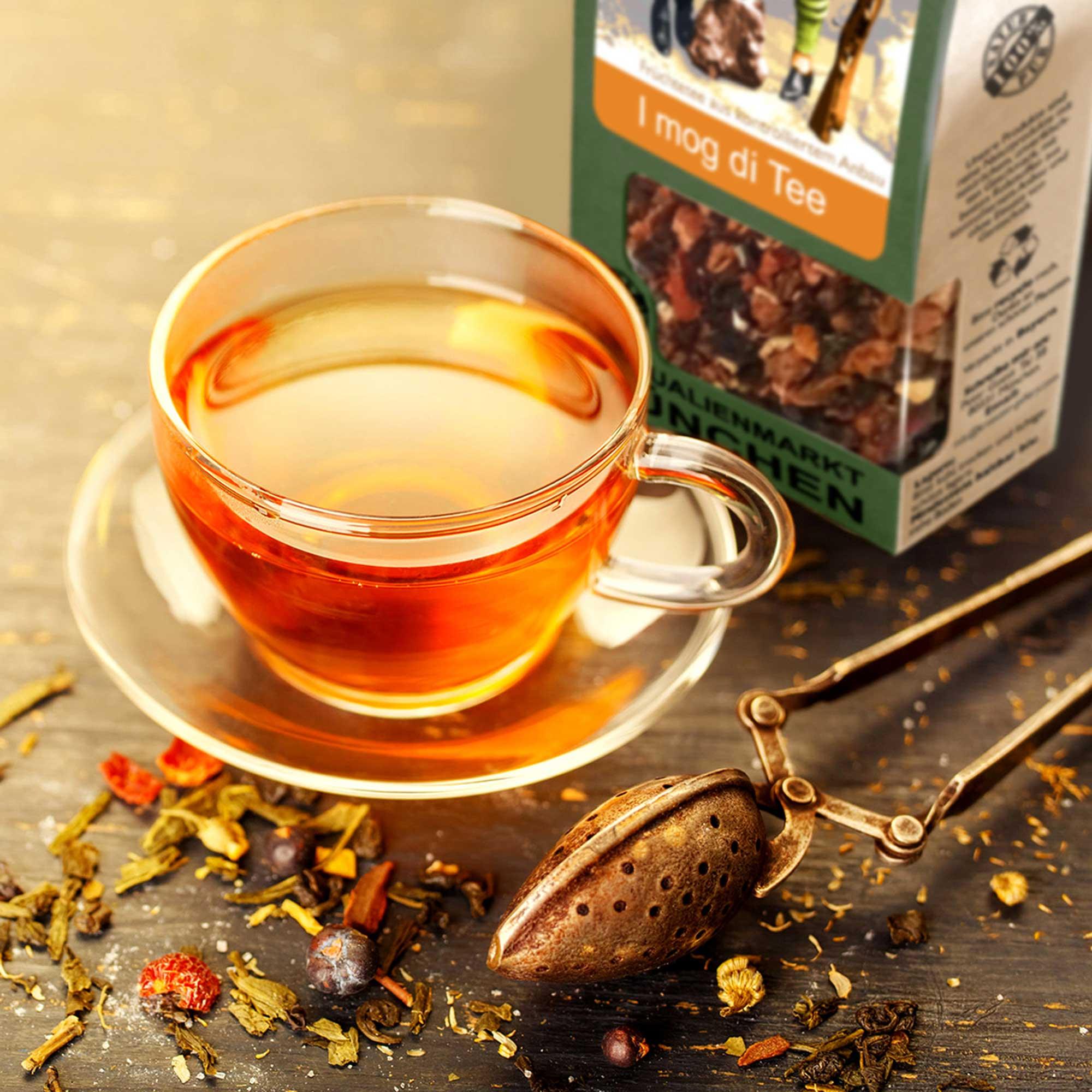 Loser Früchtetee mit natürlichen Zutaten, bunte getrocknete Blüten, rot-gelbe Fruchtstücke, 100 g.