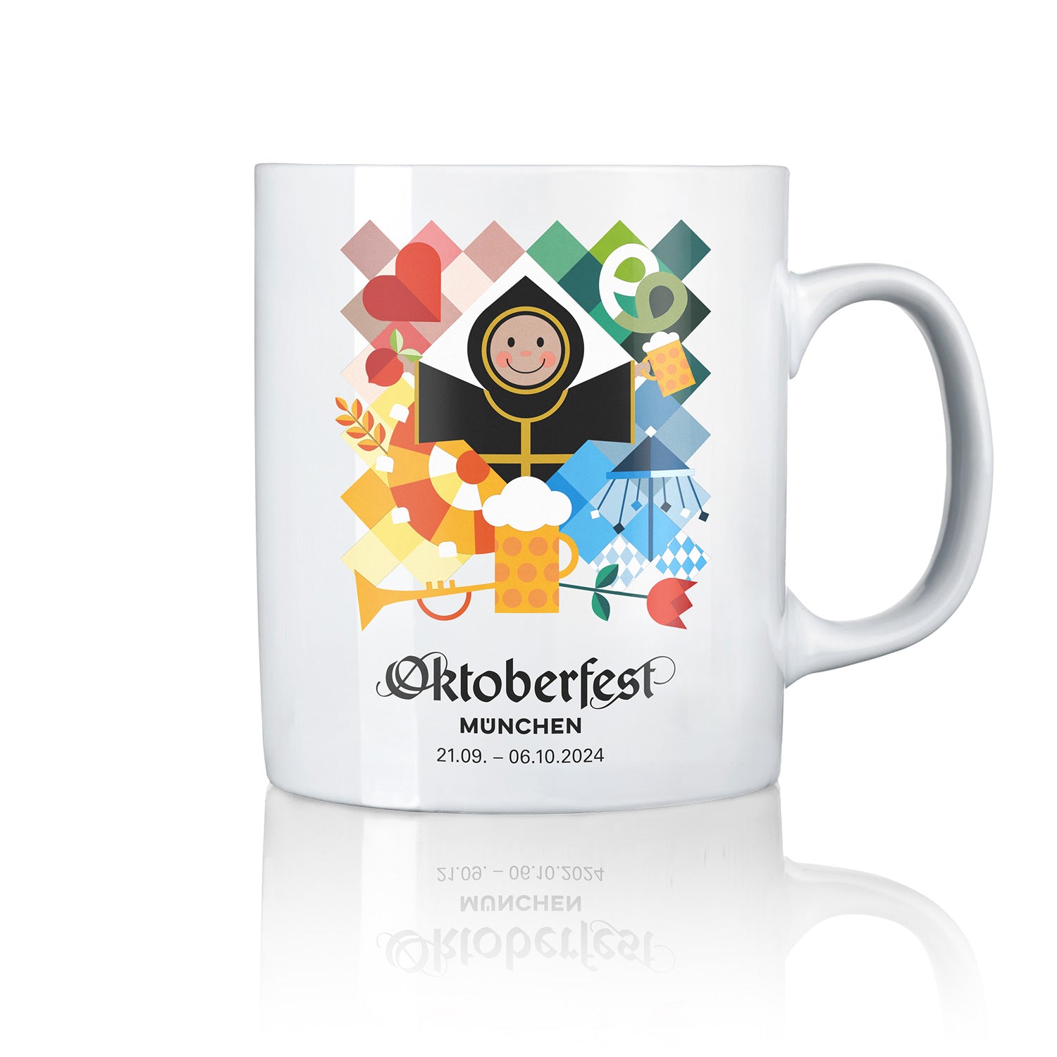 Keramiktasse mit Plakatmotiv Oktoberfest 2024, Henkel, zylindrische Form, Füllmenge ca. 310 ml, Höhe 91 mm.