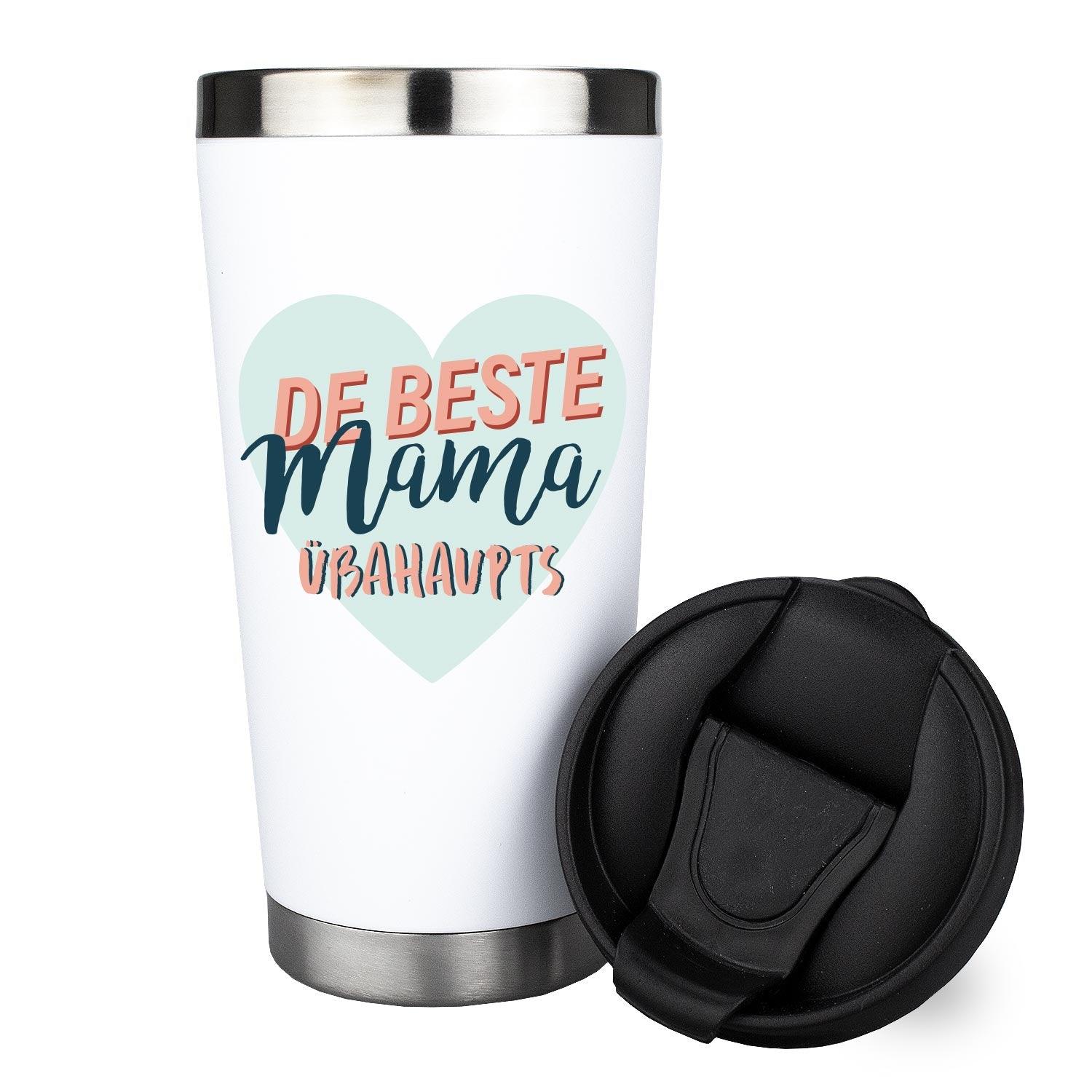 Weißer Thermo-Becher Beste Mama mit hellblauem Herz-Design und schwarzem Deckel, Edelstahlboden und -rand.