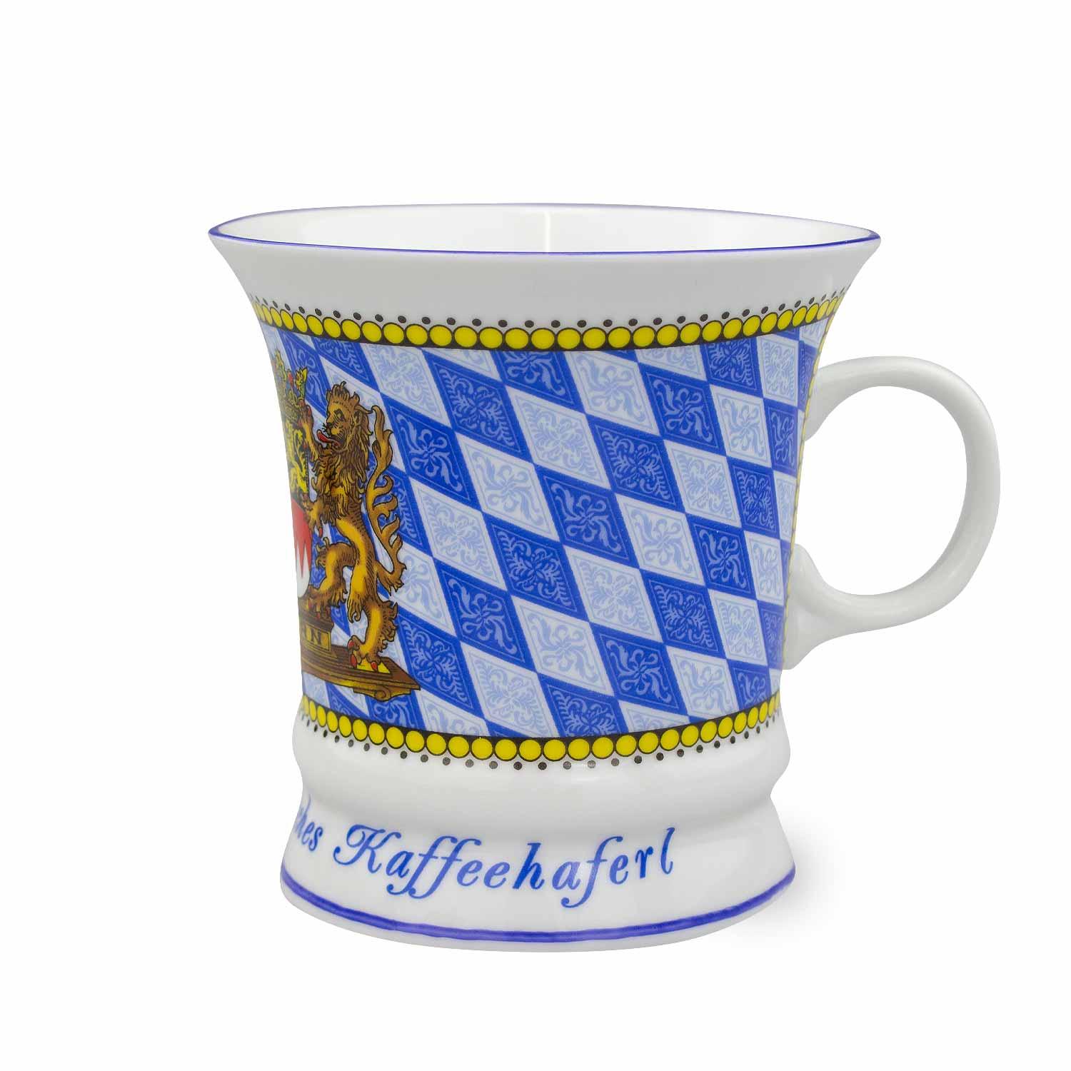 Weiße Kaffeetasse mit umlaufendem königlich-bayerischem Wappen in Blau, Gold und Rot, hochwertig verarbeitet, 330 ml.