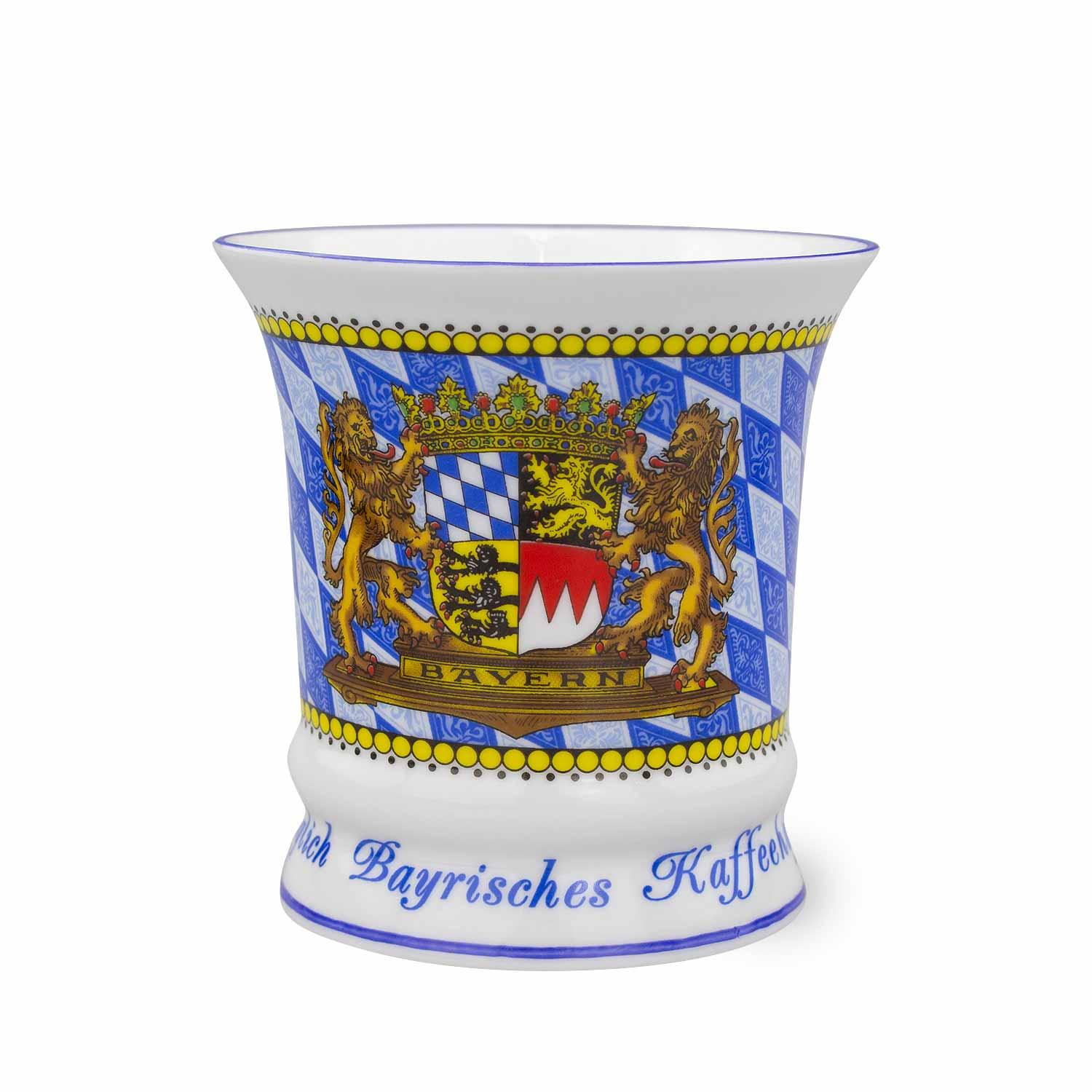 Weiße Kaffeetasse mit umlaufendem königlich-bayerischem Wappen in Blau und Gold, hochwertig verarbeitet, 330 ml.