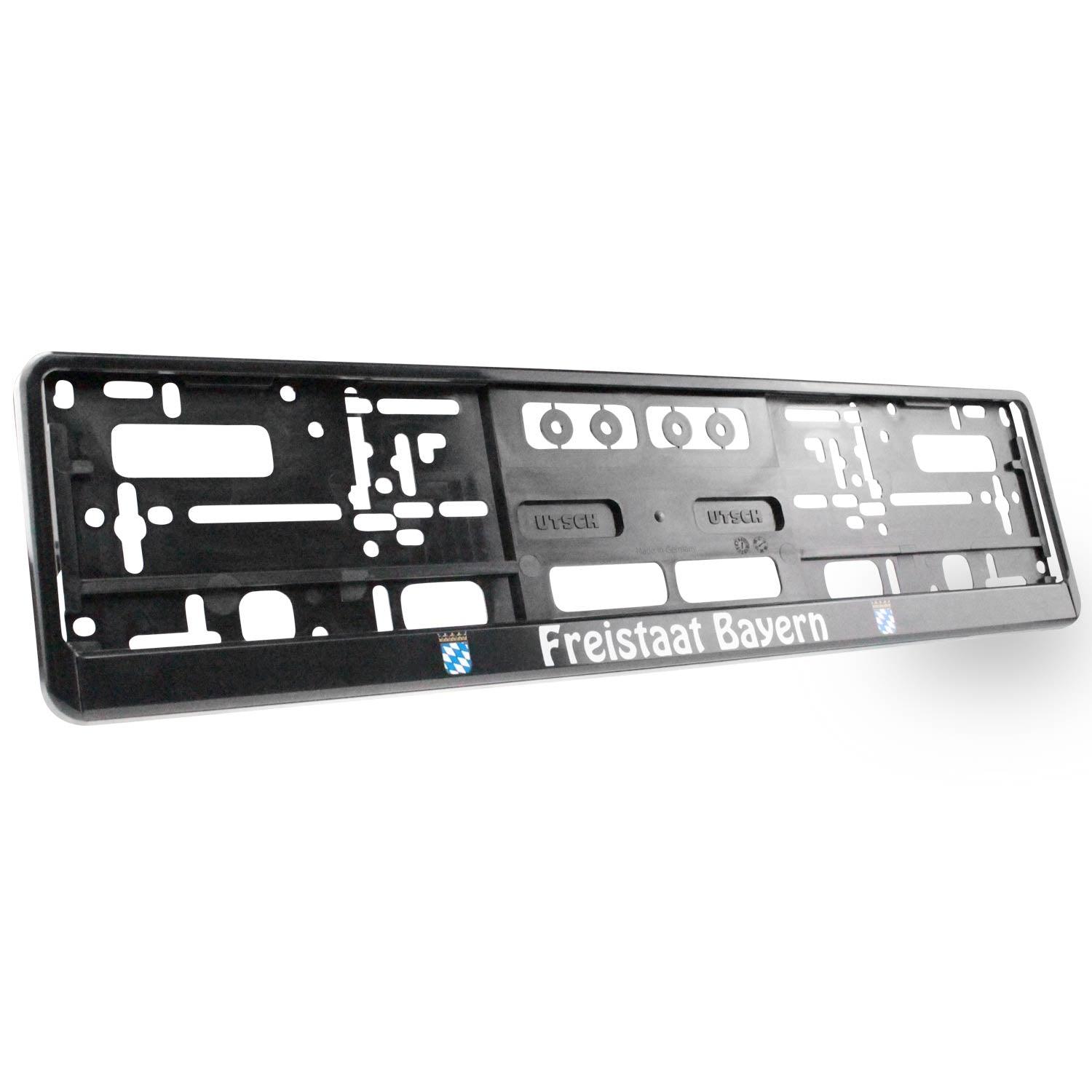 Schwarzer Kennzeichenhalter mit weiß-blauem Bayern-Wappen, boarischem Schriftzug und witterungsbeständigem Kunststoff.