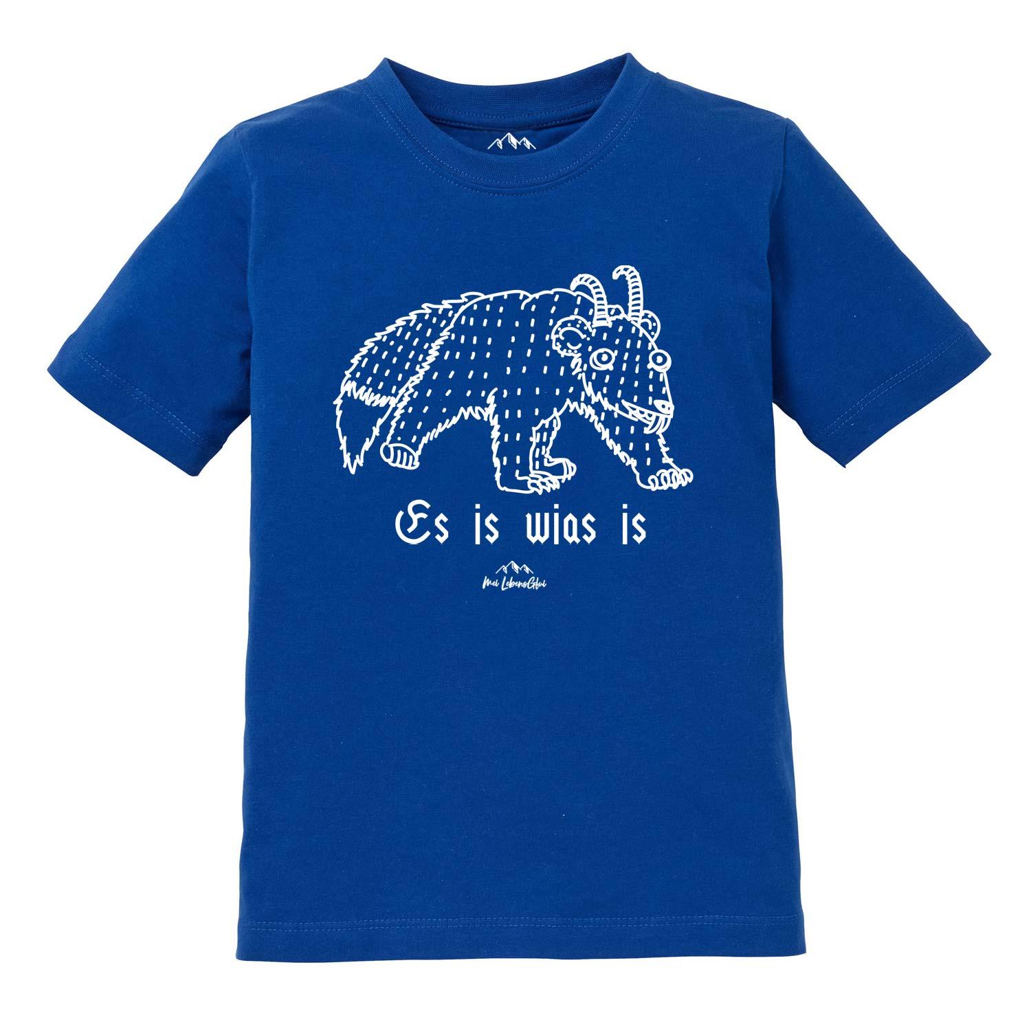 Kinder T-Shirt mit Wolpertinger-Motiv und bayerischem Schriftzug „Es is wias is“, aus Baumwolle, Siebdruck.