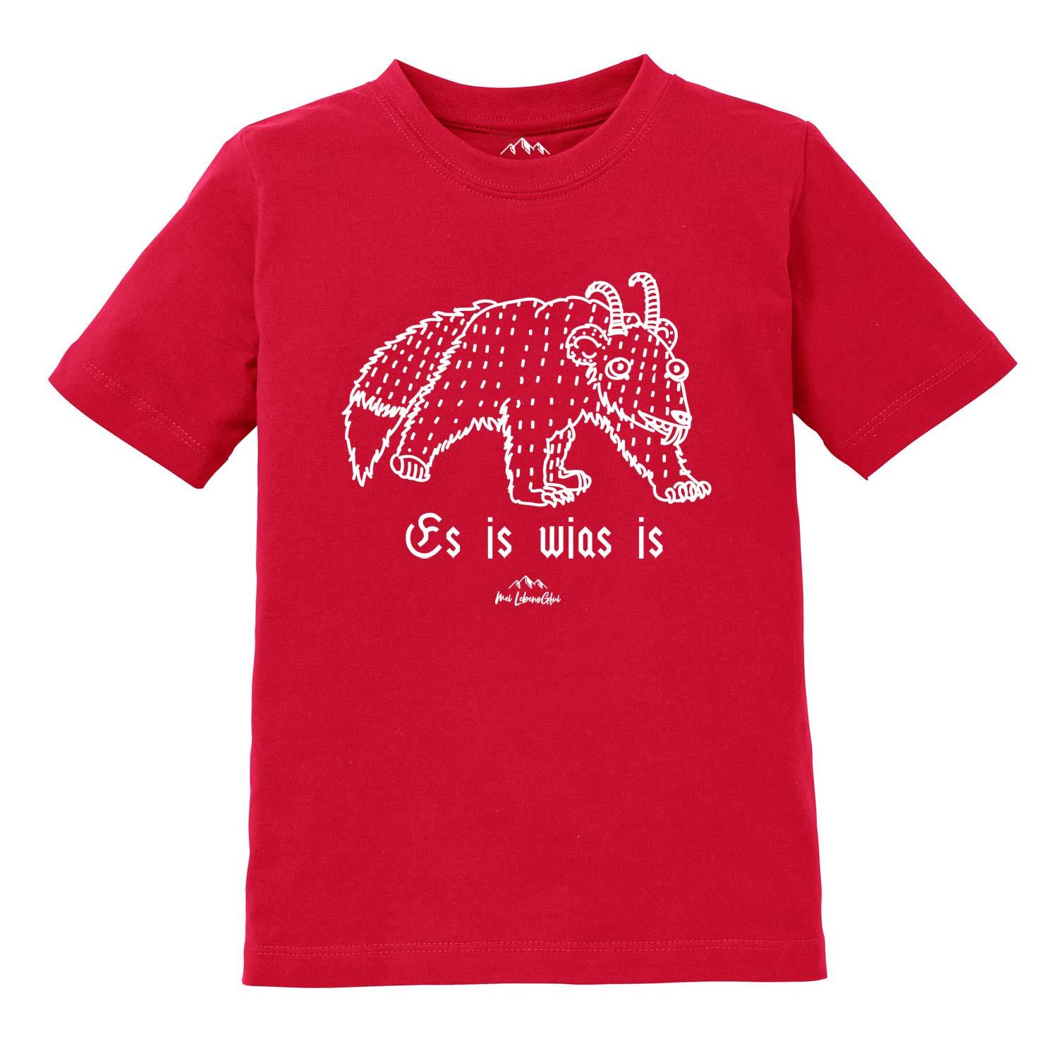 Kinder-T-Shirt mit Wolpertinger-Motiv und bayerischem Schriftzug „Es is wias is“, bedruckt auf Baumwolle.