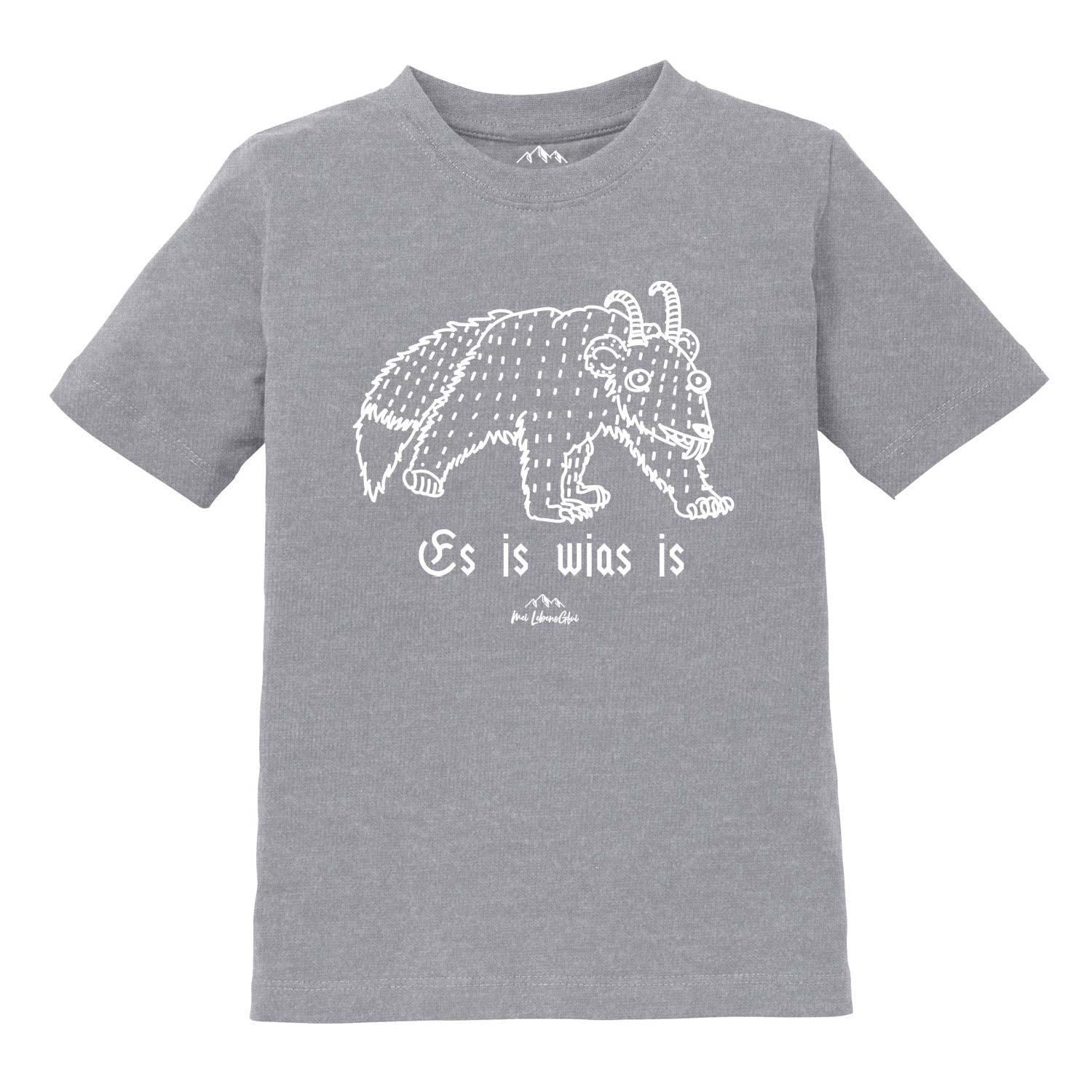 Kinder T-Shirt mit Wolpertinger-Motiv und bayerischem Schriftzug „Es is wias is“, aus Baumwolle mit Siebdruck.