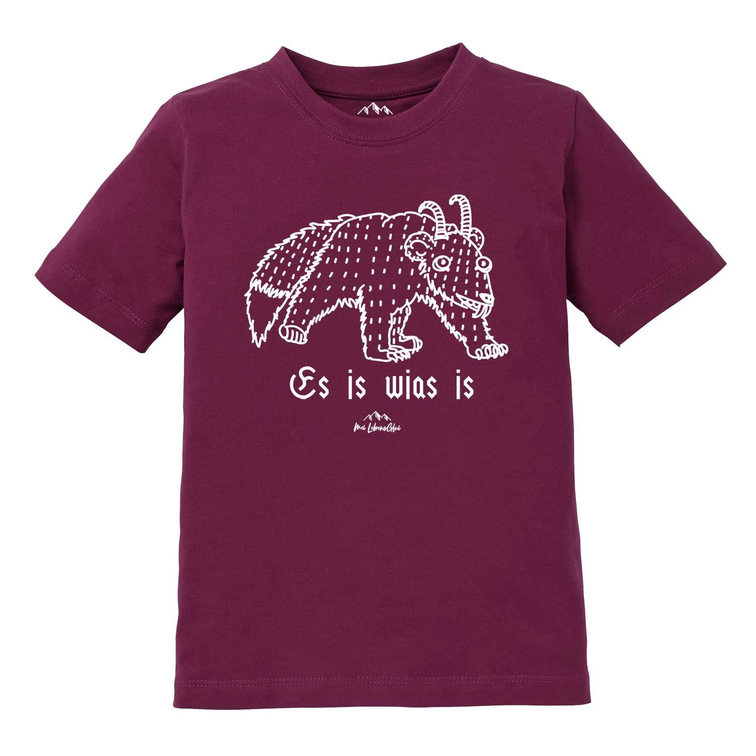 Kinder T-Shirt mit Wolpertinger-Motiv und bayerischem Schriftzug „Es is wias is“, aus Baumwolle, Siebdruck.