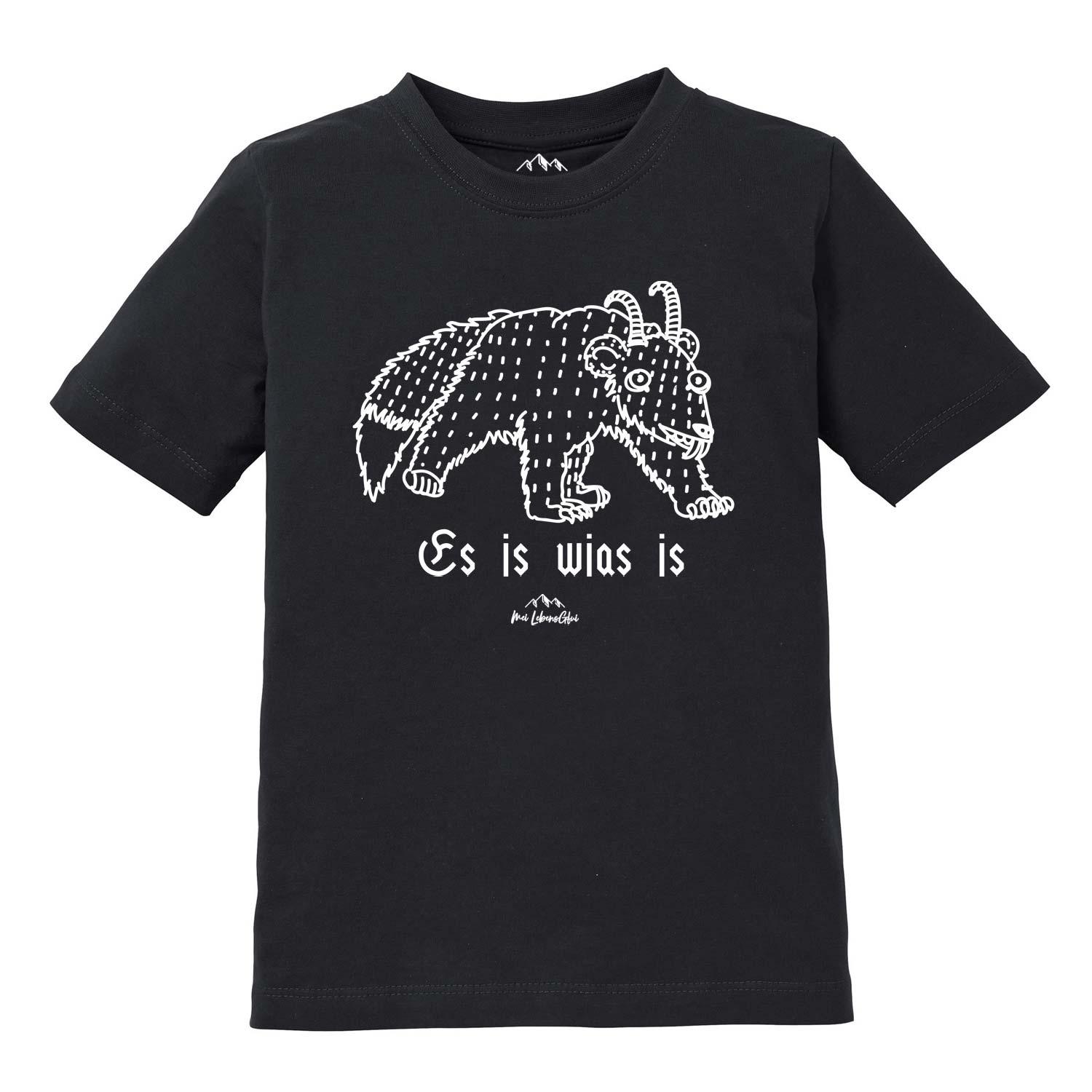 Kinder T-Shirt mit Wolpertinger-Motiv und bayerischem Schriftzug „Es is wias is“, aus Baumwolle, Siebdruck.