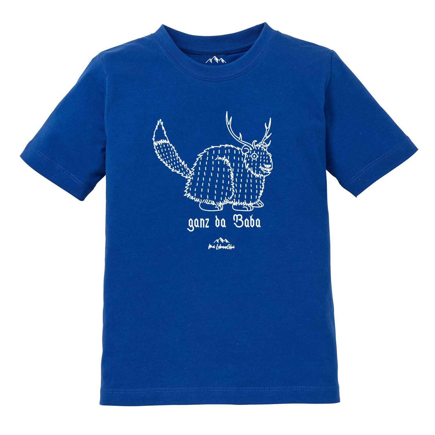 Kinder T-Shirt mit großem Wolpertinger-Motiv und Schriftzug „Ganz da Baba“, aus Baumwolle, Siebdruck.