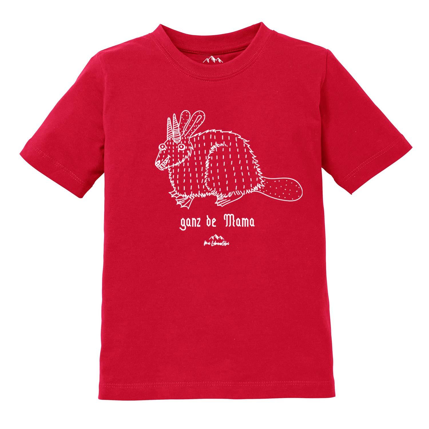 Kinder T-Shirt mit bayerischem Spruch „Ganz de Mama“ und Wolpertinger-Motiv, aus Baumwolle, Siebdruck.
