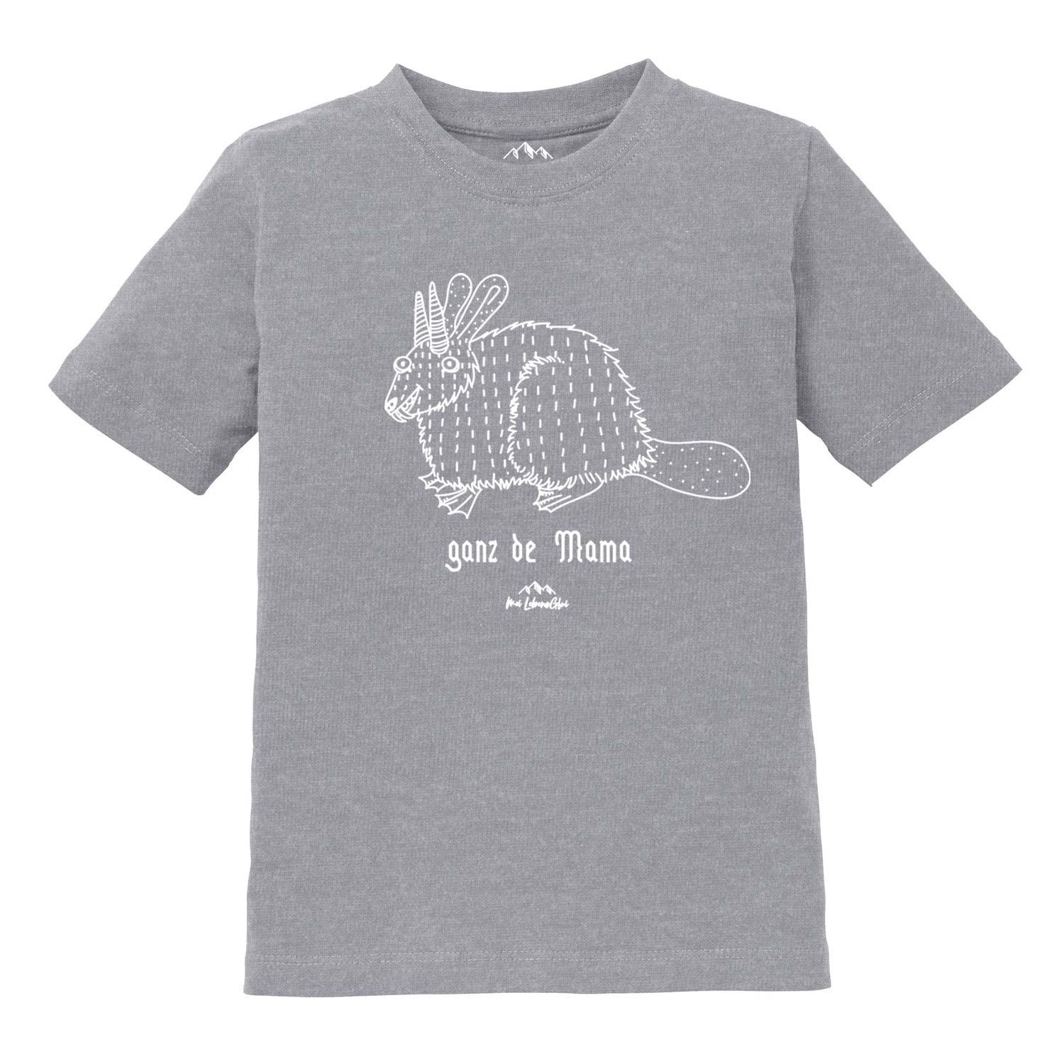 Kinder T-Shirt mit Wolpertinger-Illustration und bayerischem Schriftzug „Ganz de Mama“, aus Baumwolle, Siebdruck.
