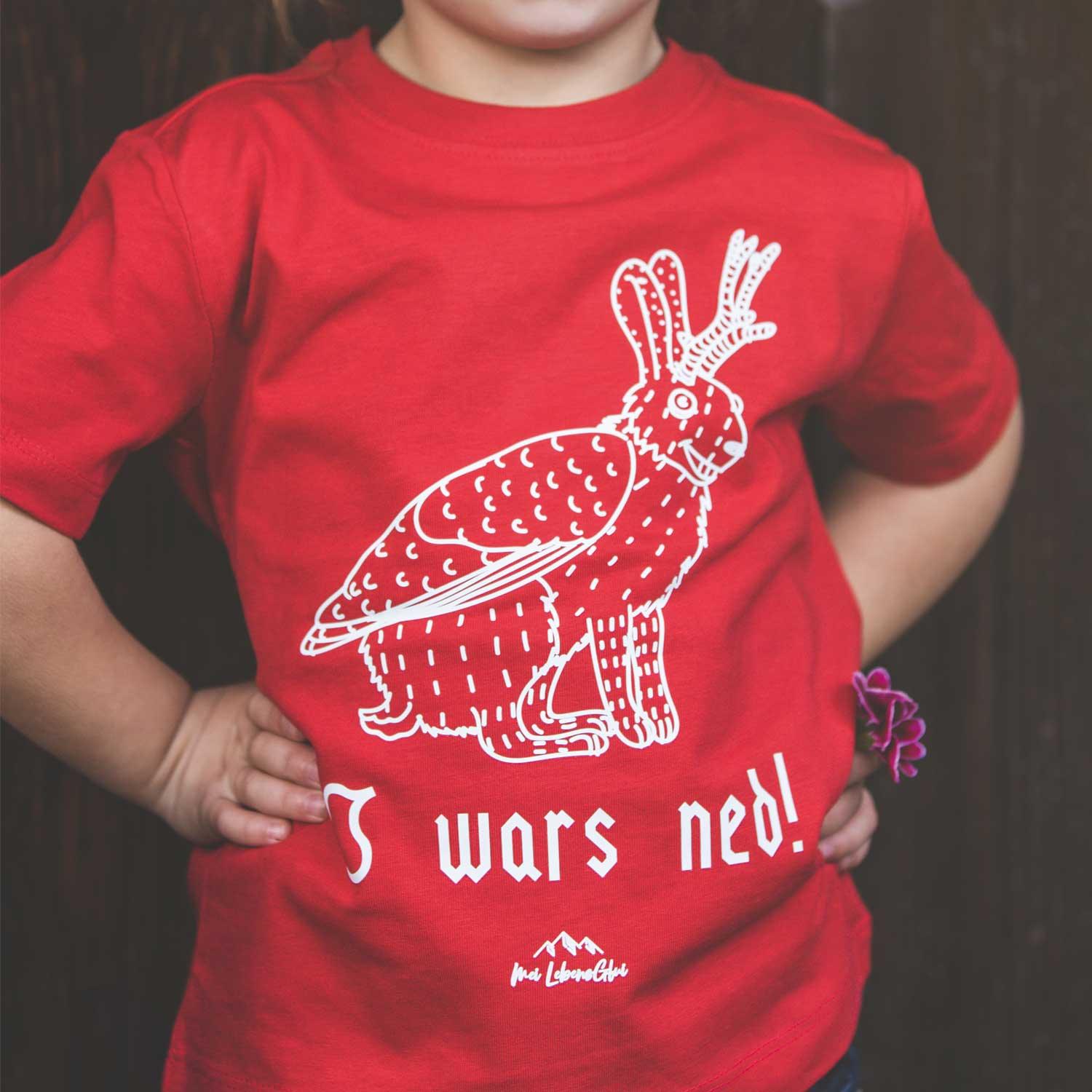 Kinder T-Shirt mit Wolpertinger-Motiv und bayerischem Schriftzug „I wars ned“, aus Baumwolle, Siebdruck.