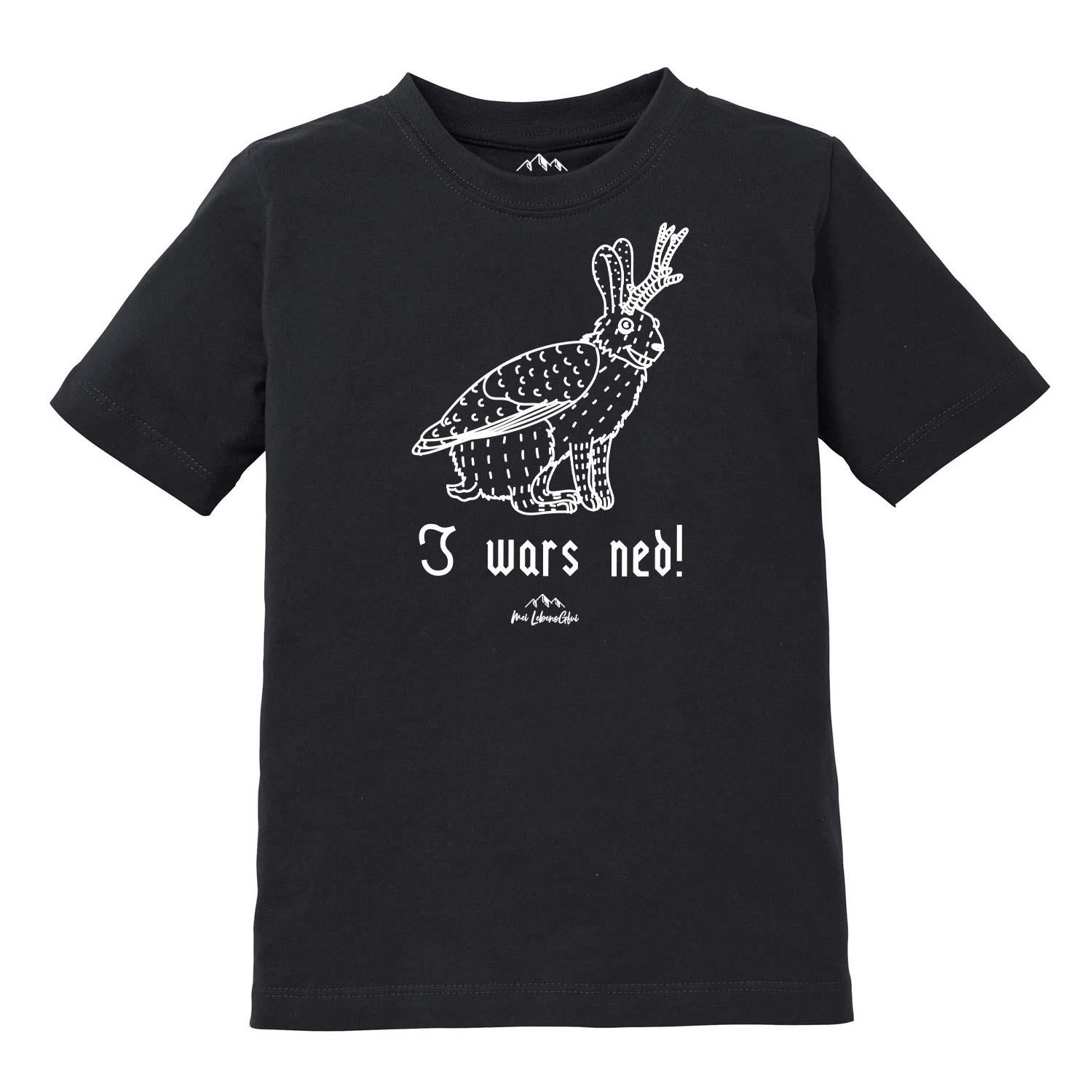 Kinder T-Shirt mit Wolpertinger-Motiv und bayerischem Schriftzug „I wars ned“, aus Baumwolle, Vorderdruck.