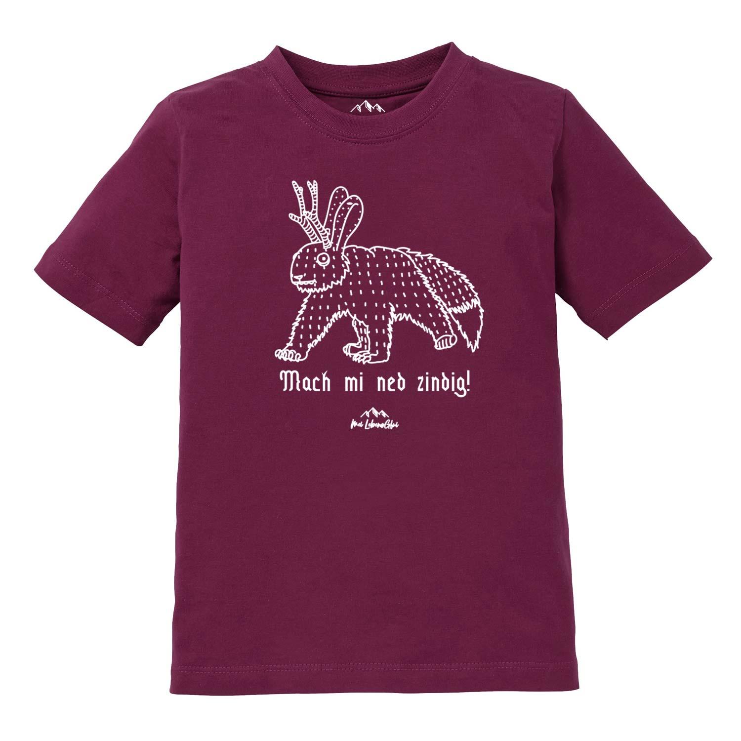 Kinder T-Shirt mit großem Wolpertinger-Motiv und bayerischem Schriftzug „Mach mi ned zindig“, aus Baumwolle.