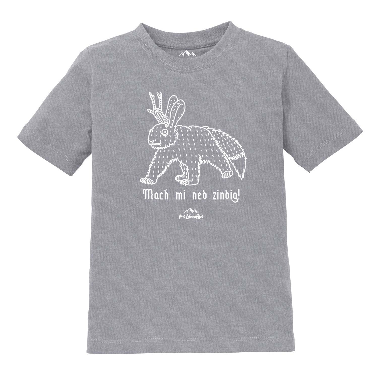 Kinder T-Shirt mit zentralem Wolpertinger-Motiv und bayerischem Schriftzug „Mach mi ned zindig“, aus Baumwolle.