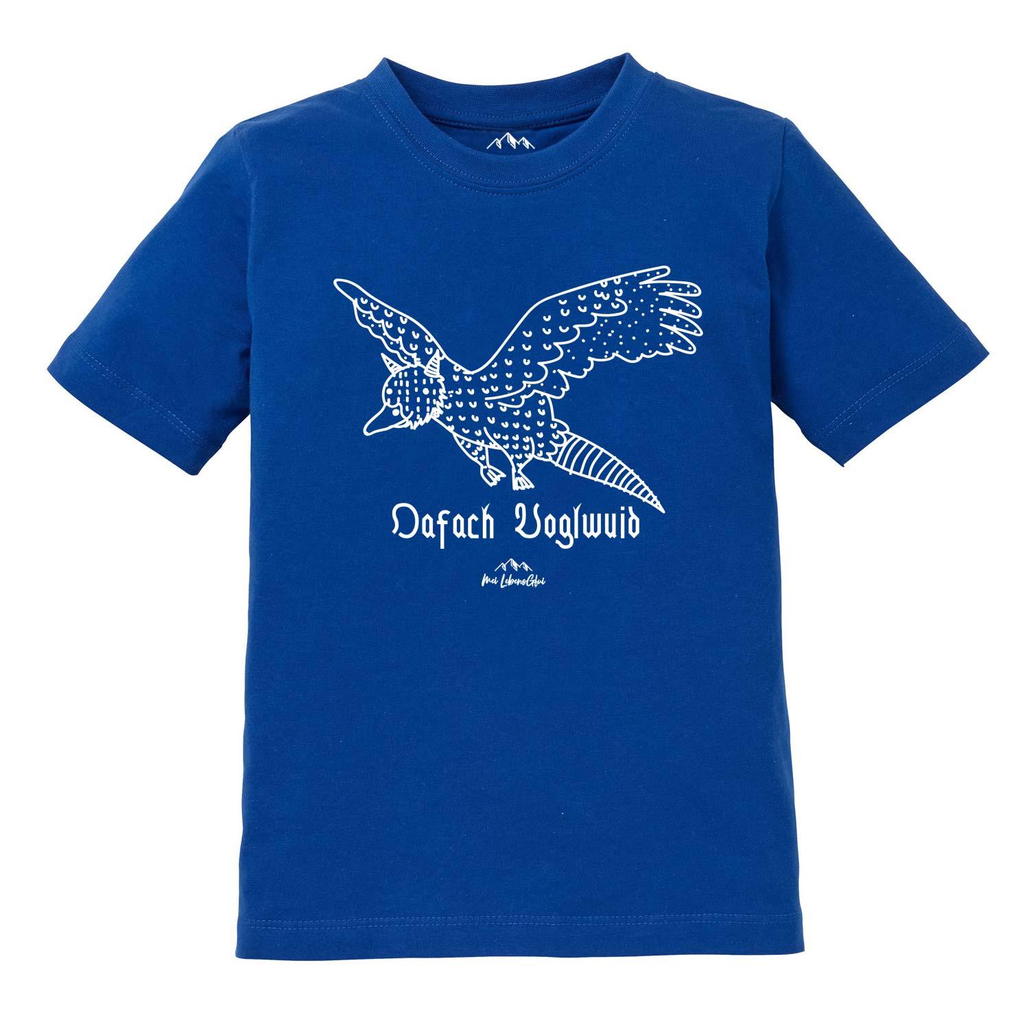 Kinder-T-Shirt mit Wolpertinger-Motiv und Schriftzug „Oafach voglwuid“, aus Baumwolle mit hochwertigem Siebdruck.