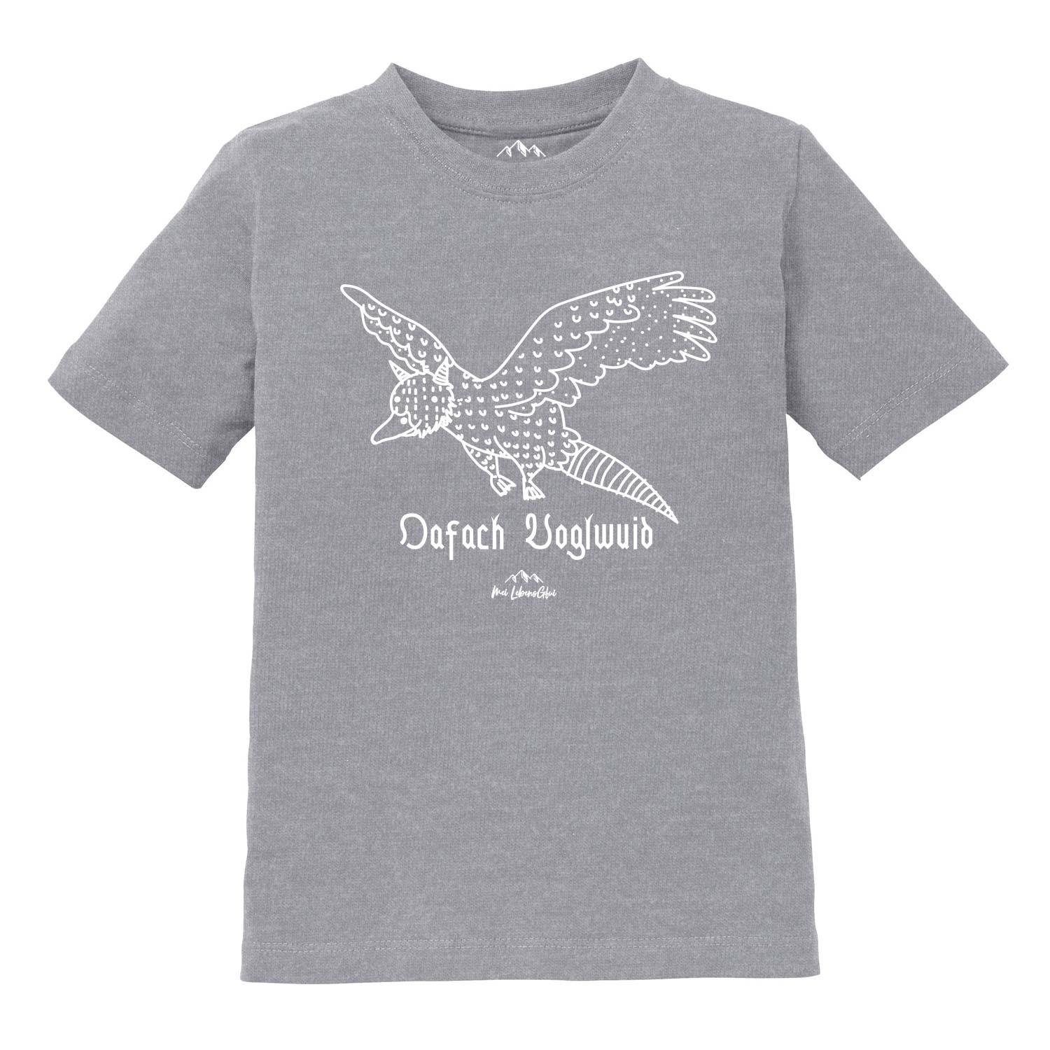 Kinder T-Shirt mit Wolpertinger-Motiv und Schriftzug "Oafach voglwuid", hochwertiger Siebdruck auf Baumwolle.