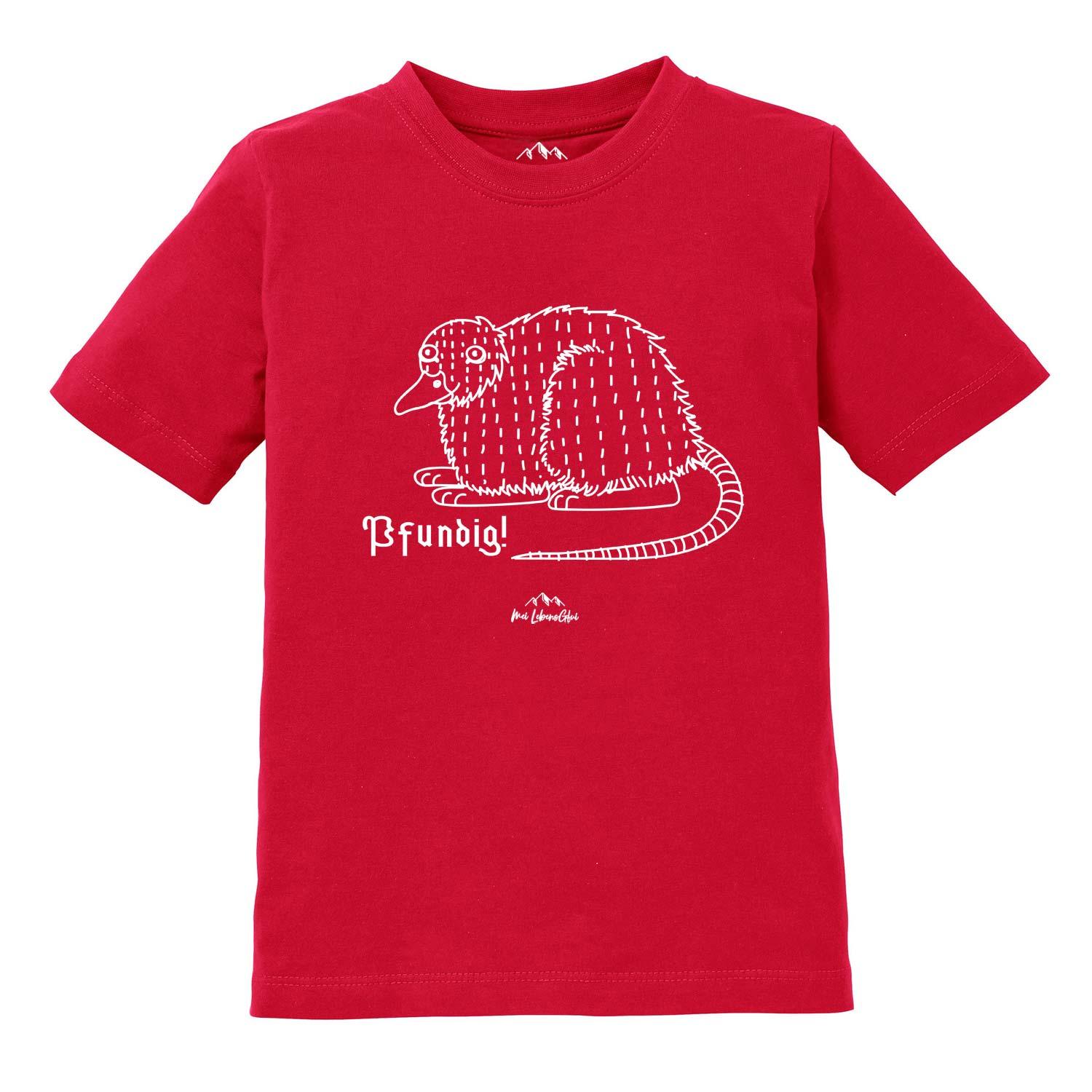 Kinder T-Shirt mit Wolpertinger-Motiv, Schriftzug „Pfundig“, aus Baumwolle, hochwertiger Siebdruck.
