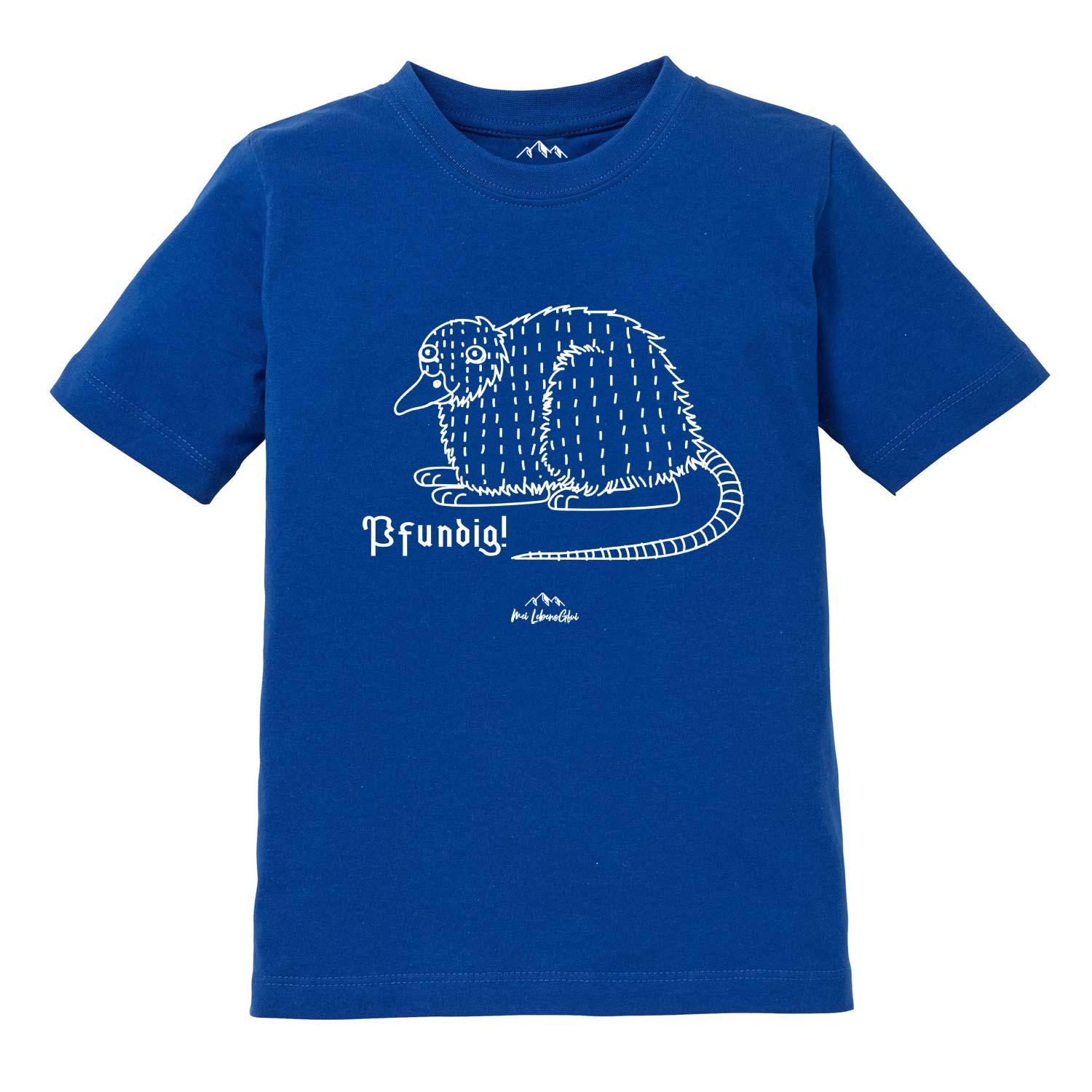 Kinder-T-Shirt mit gezeichnetem Wolpertinger-Motiv und „pfundig“-Schriftzug, aus Baumwolle, Siebdruck.