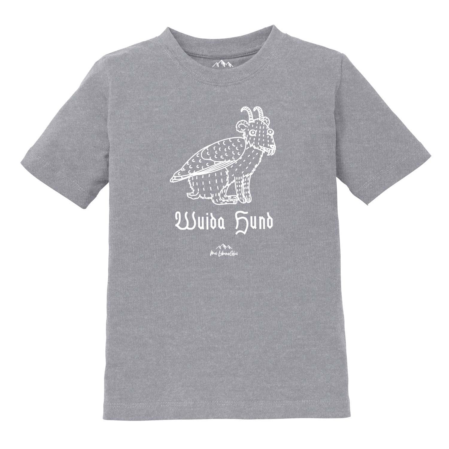 Kinder T-Shirt mit Wolpertinger-Motiv und Schriftzug "Wuida Hund", bedruckt in Bayern, aus Baumwolle.