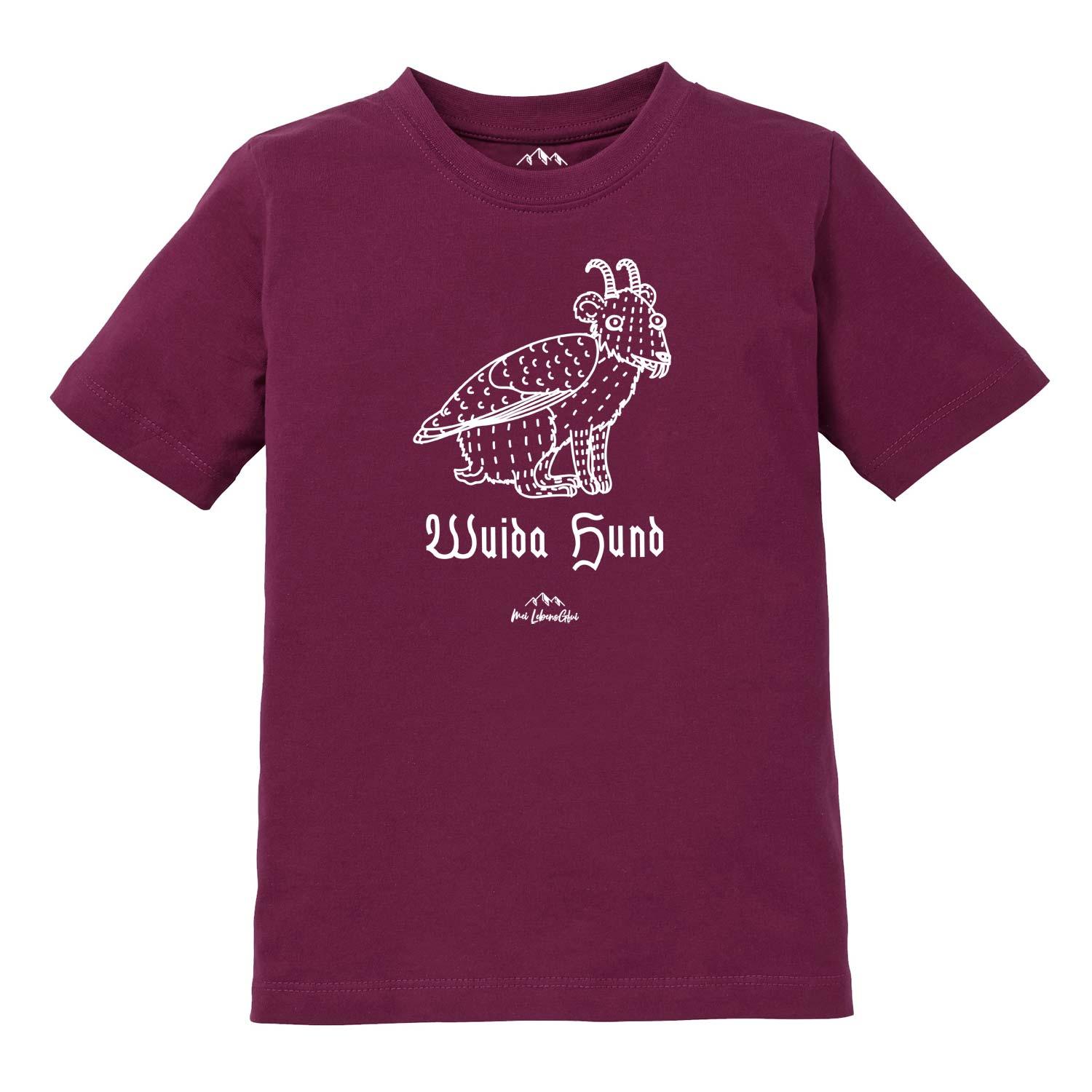 Kinder T-Shirt mit Wolpertinger-Motiv und bayerischem Spruch „Wuida Hund“, aus Baumwolle, Siebdruck.