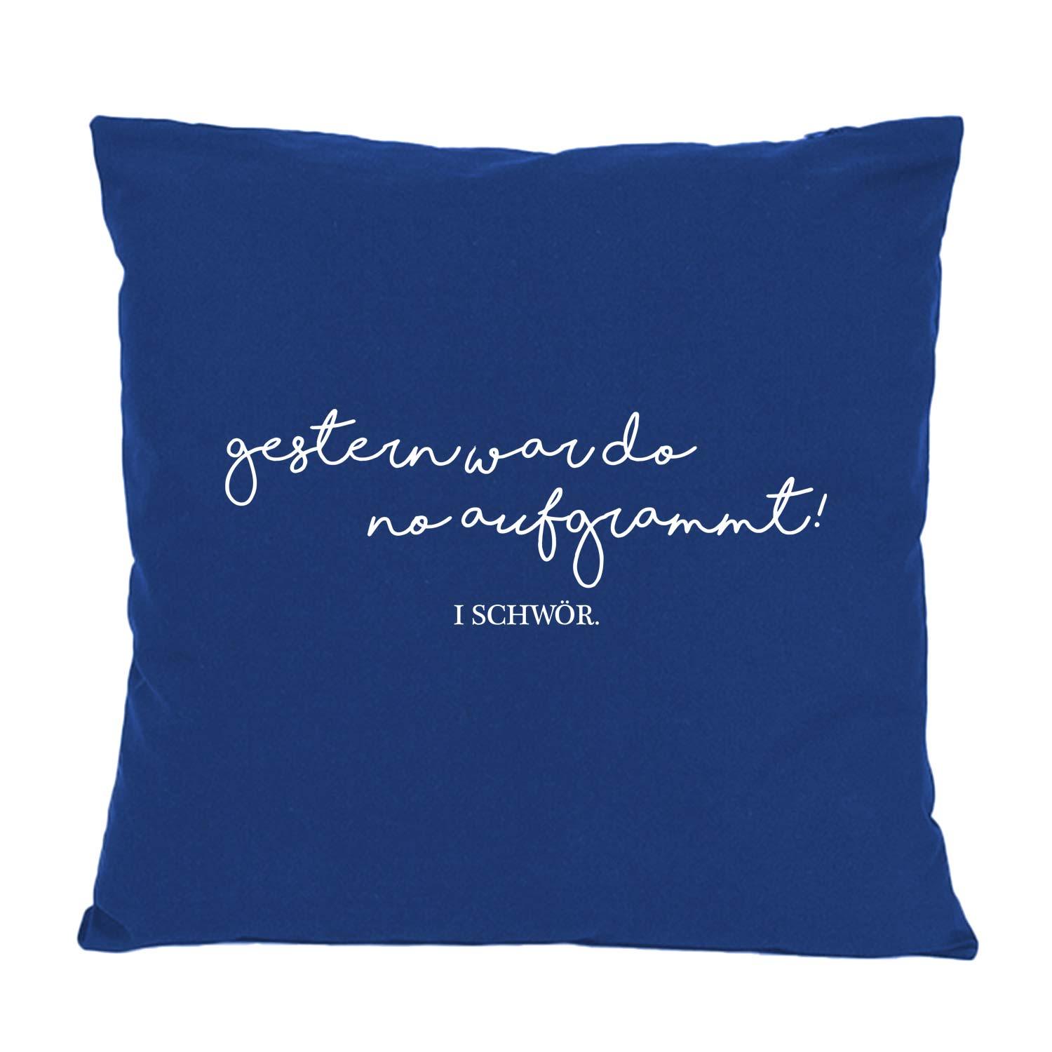 Quadratisches Dekokissen mit aufgedrucktem bayerischem Schriftzug „Aufgrammt“, glatter Stoff aus 100 % Baumwolle, ca. 40 × 40 cm.