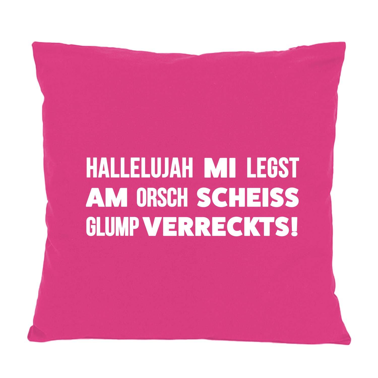 Quadratisches Dekokissen mit zentralem Schriftzug „Hallelujah mi legst am…“, bedruckt auf Baumwollstoff, ca. 40 x 40 cm.