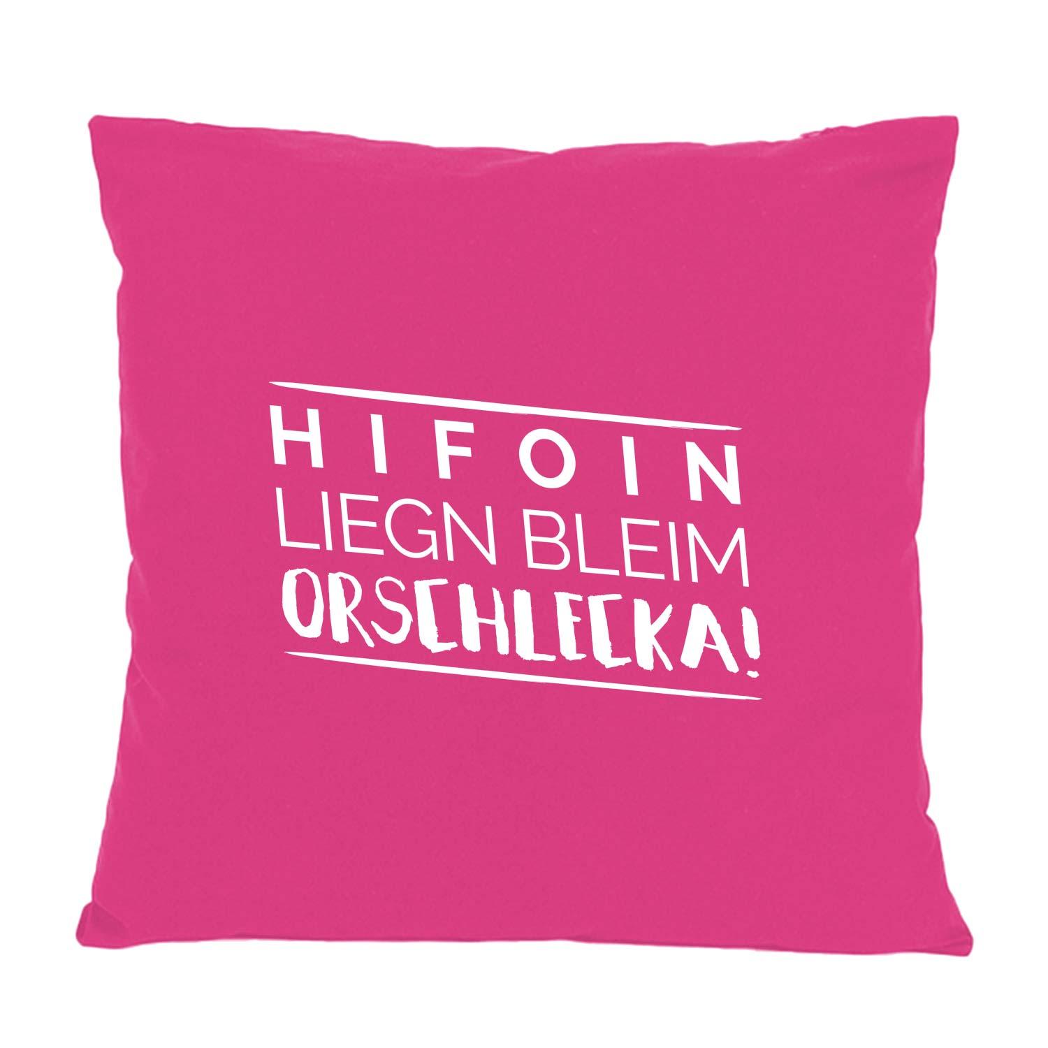 Quadratisches Dekokissen mit bayerischem Schriftzug „Hifoin liegn bleim“, aus Baumwolle, ca. 40 x 40 cm.