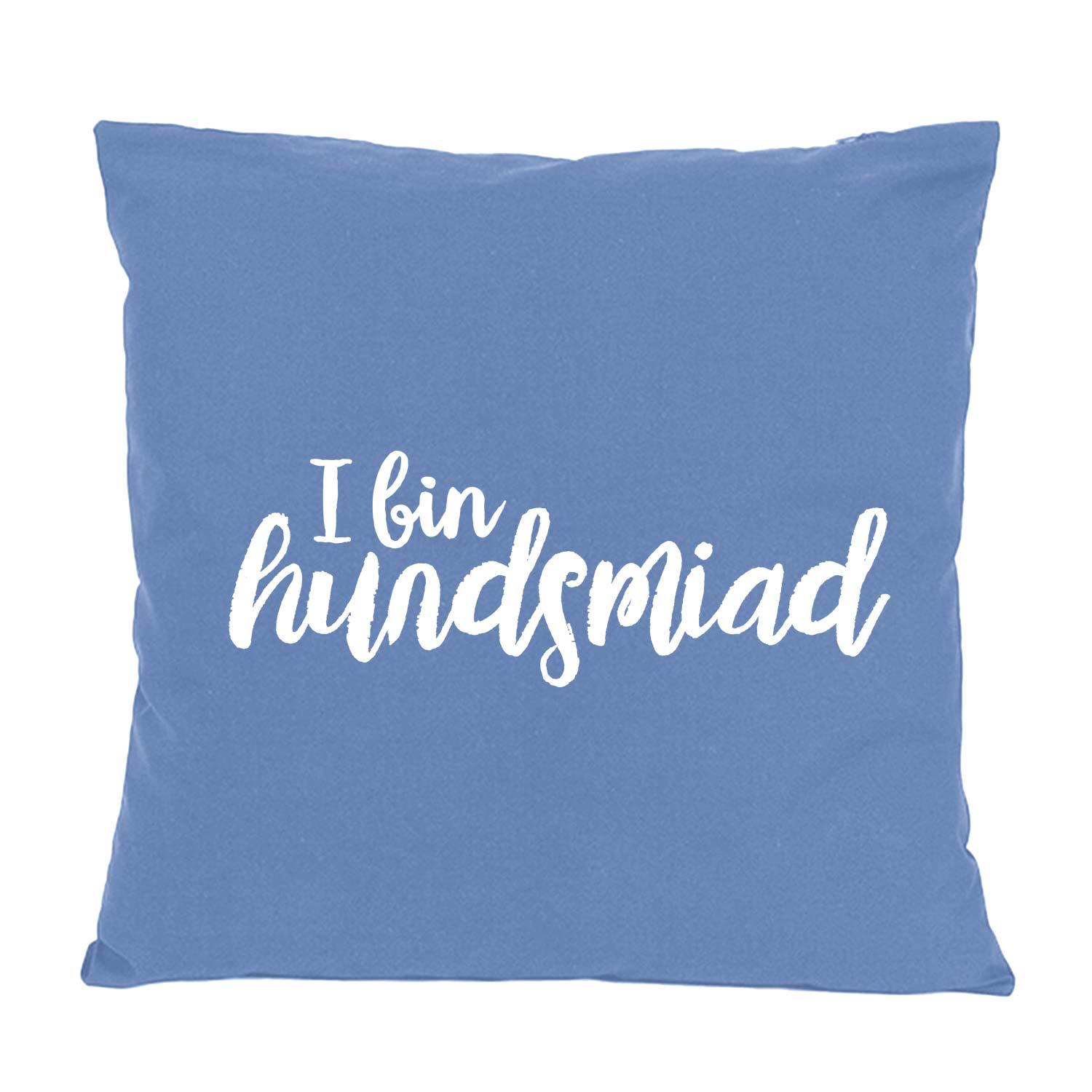 Quadratisches Dekokissen mit großem Schriftzug „Hundsmiad“ und kleinem Herzmotiv, aus Baumwolle, ca. 40 x 40 cm.