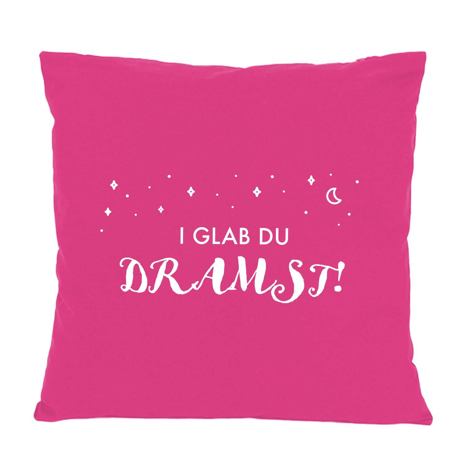 Quadratisches Dekokissen mit auffälligem Schriftzug „I glab du dramst!“ auf der Vorderseite, 100 % Baumwolle, ca. 40 × 40 cm.