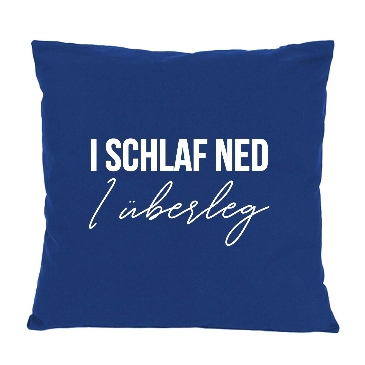 Quadratisches Dekokissen mit aufgedrucktem bayerischen Schriftzug „I schlaf ned, I überleg“, aus 100 % Baumwolle, ca. 40 × 40 cm.