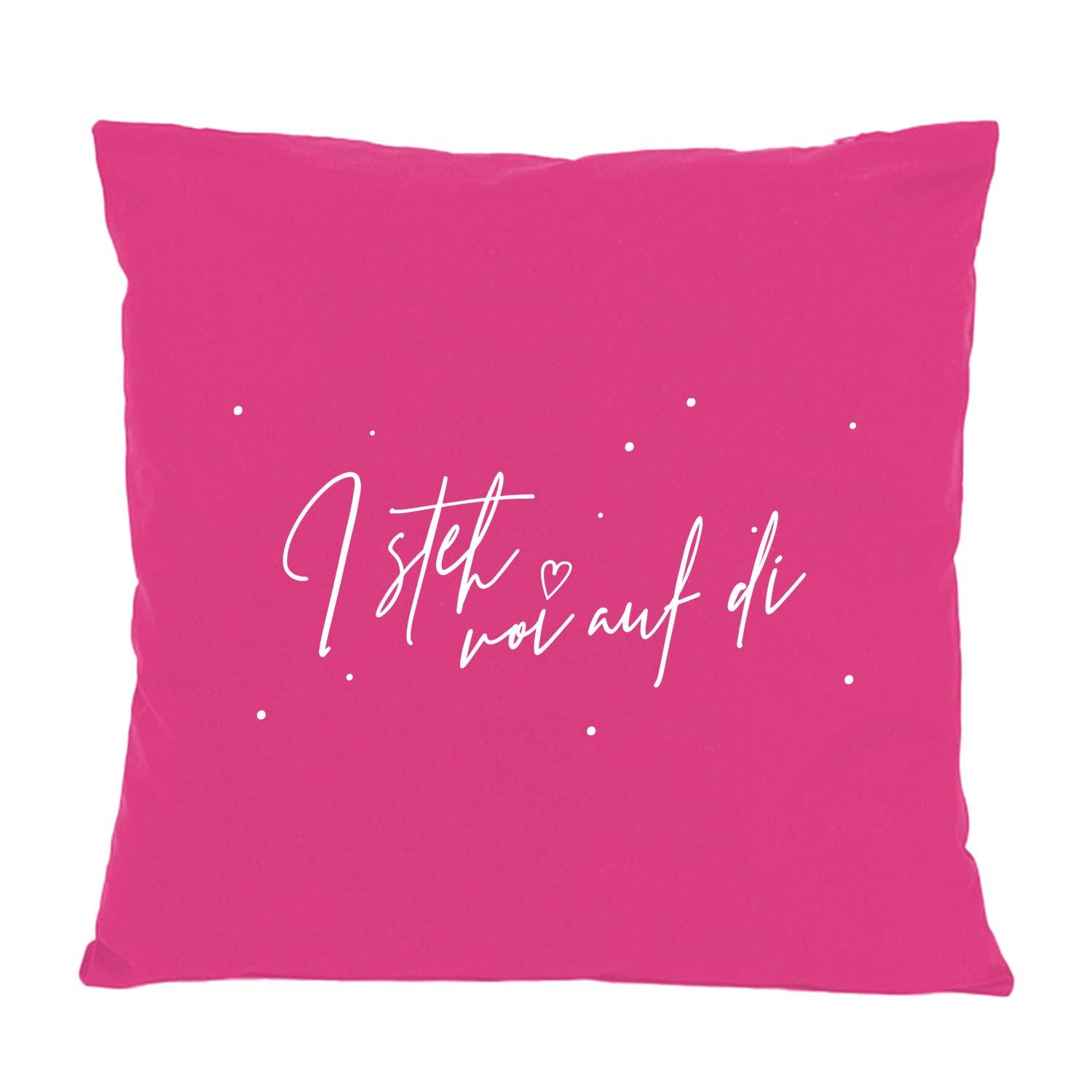 Quadratisches Dekokissen mit Aufdruck „I steh voi auf Di“, glatter Oberfläche und sichtbarer Struktur, 100 % Baumwolle, ca. 40 x 40 cm.