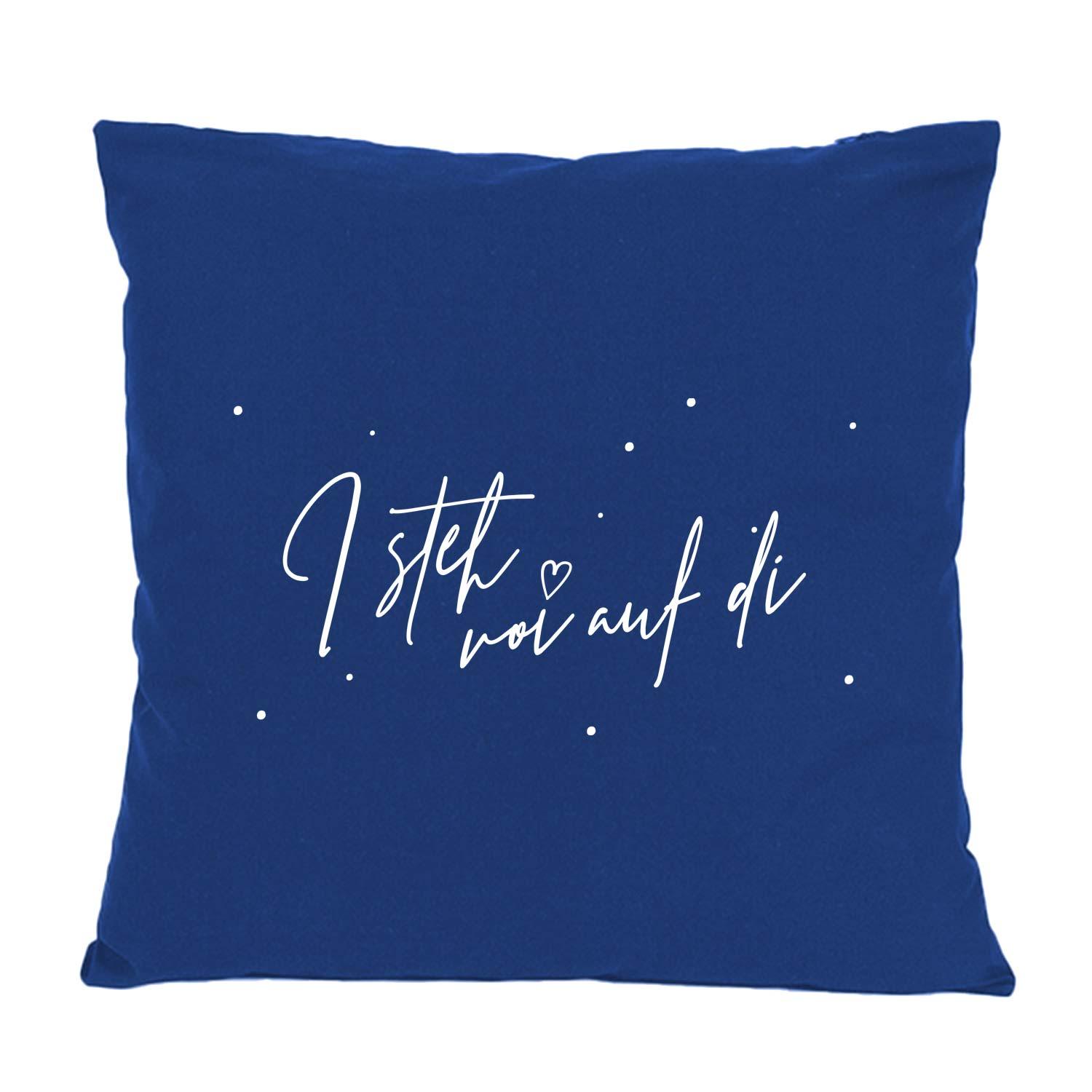 Quadratisches Dekokissen mit zentralem bayerischen Schriftzug „I steh voi auf di“, bedruckt auf Baumwollstoff, ca. 40 x 40 cm.