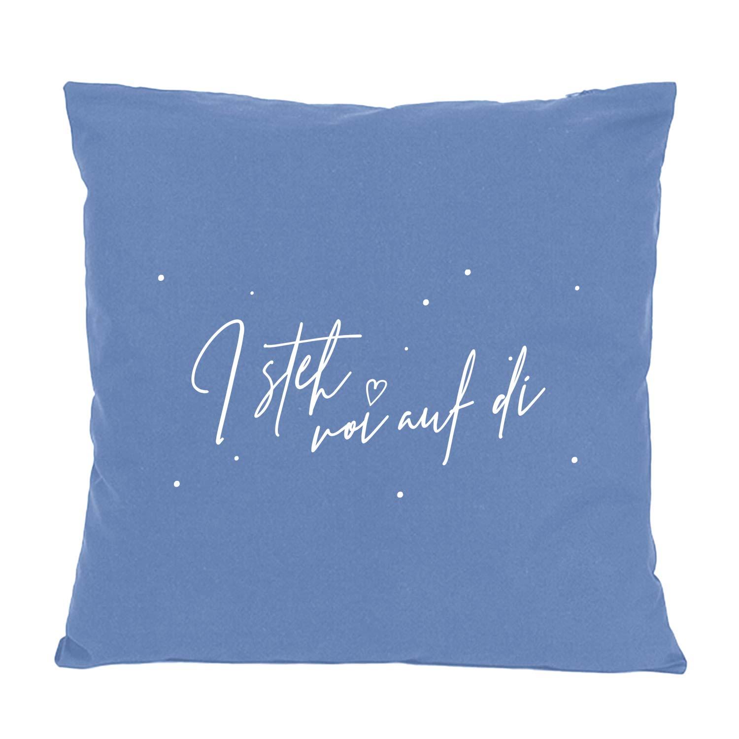 Quadratisches Dekokissen mit aufgedrucktem Schriftzug „I steh voi auf di“, aus Baumwolle, ca. 40 x 40 cm.