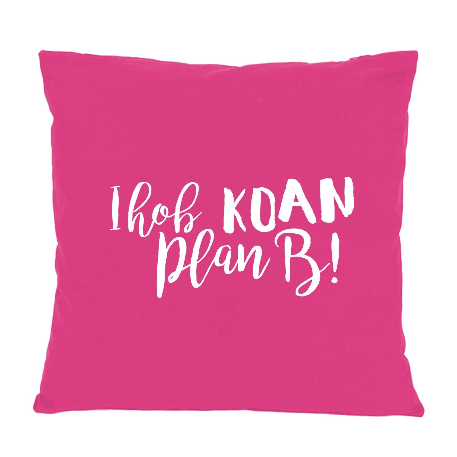 Quadratisches Dekokissen mit Schriftzug „Koan Plan B“ und stilisiertem Herzen, aus Baumwolle, ca. 40 x 40 cm.