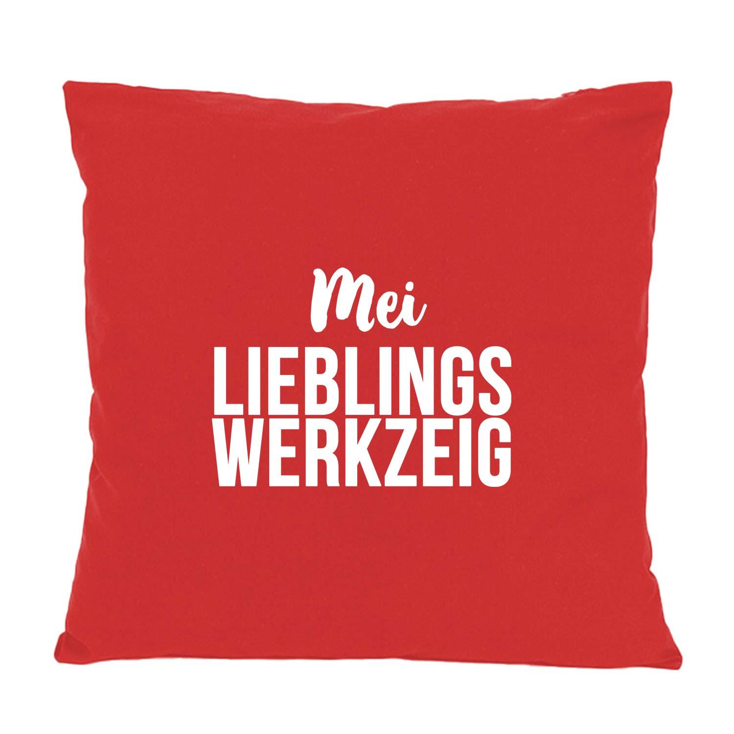 Quadratisches Kissen mit bayerischem Schriftzug „Mei Lieblingswerkzeig“ in klarer Typografie, 100 % Baumwolle, ca. 40 × 40 cm.