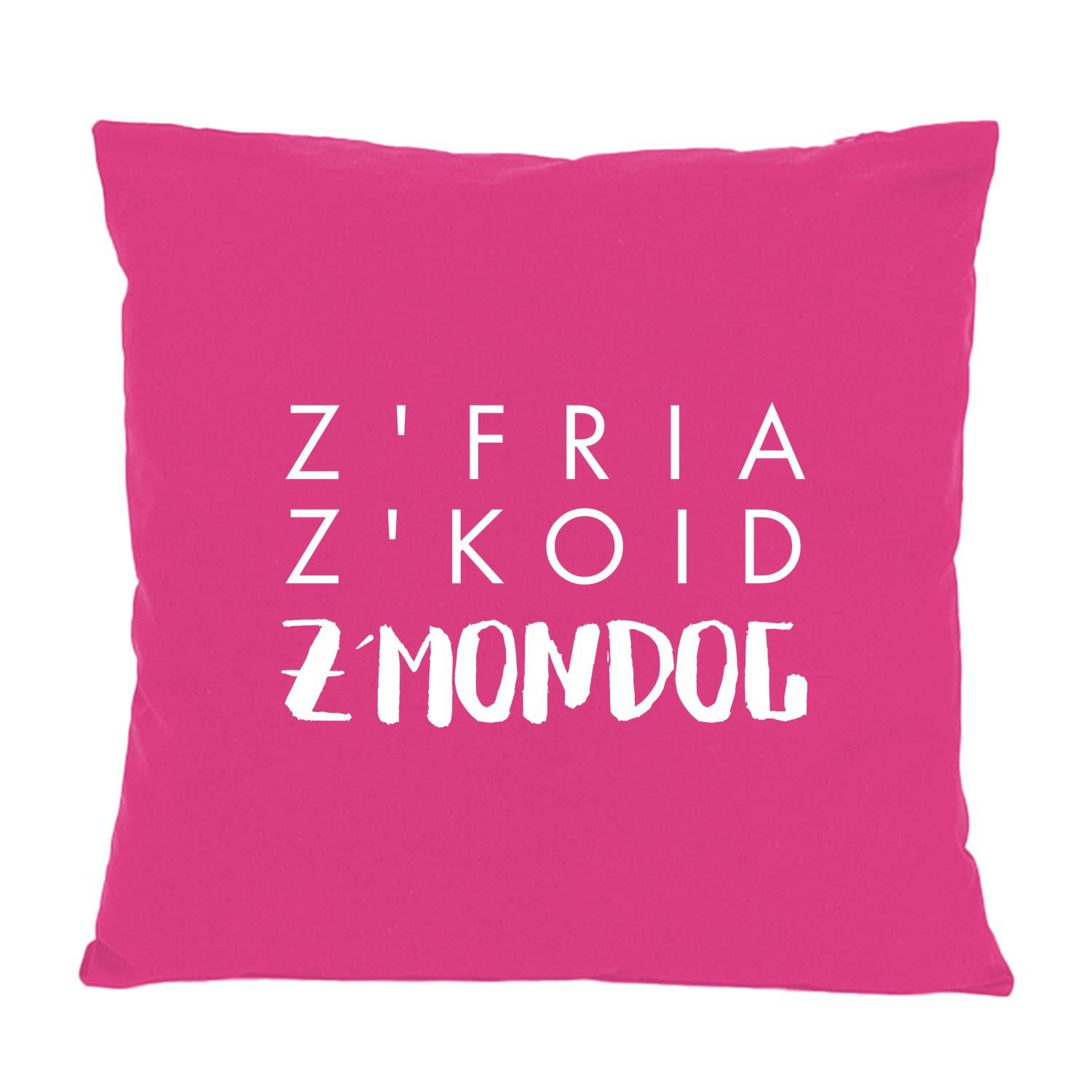 Quadratisches Dekokissen mit bayerischem Schriftzug "Z‘fria z‘koid z‘Mondog", aus Baumwolle, ca. 40 x 40 cm.