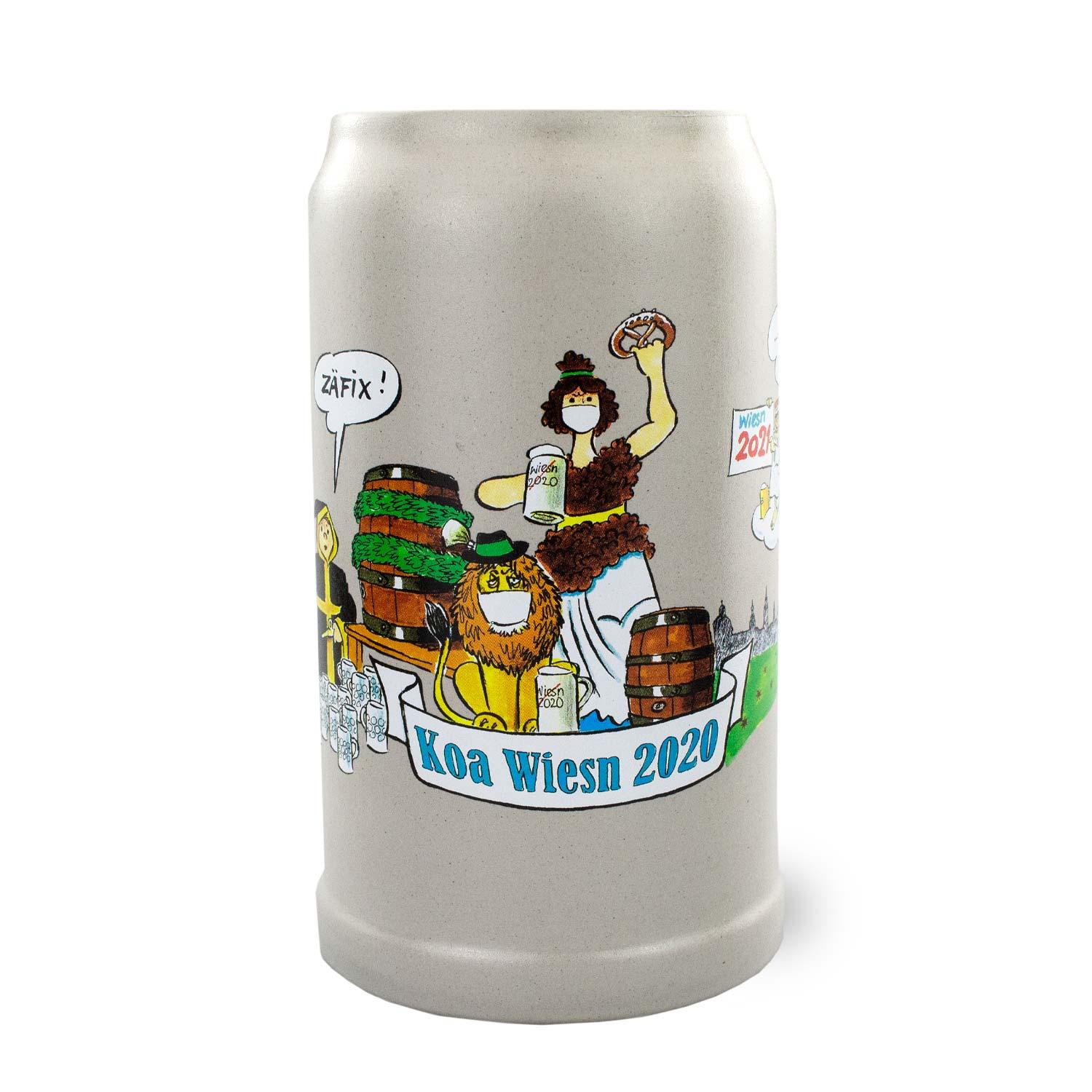 Limitierter Bierkrug aus Keramik mit Henkel, Zinndeckel und farbigem Motiv „Koa Wiesn 2020“ zur Schaustellerhilfe.
