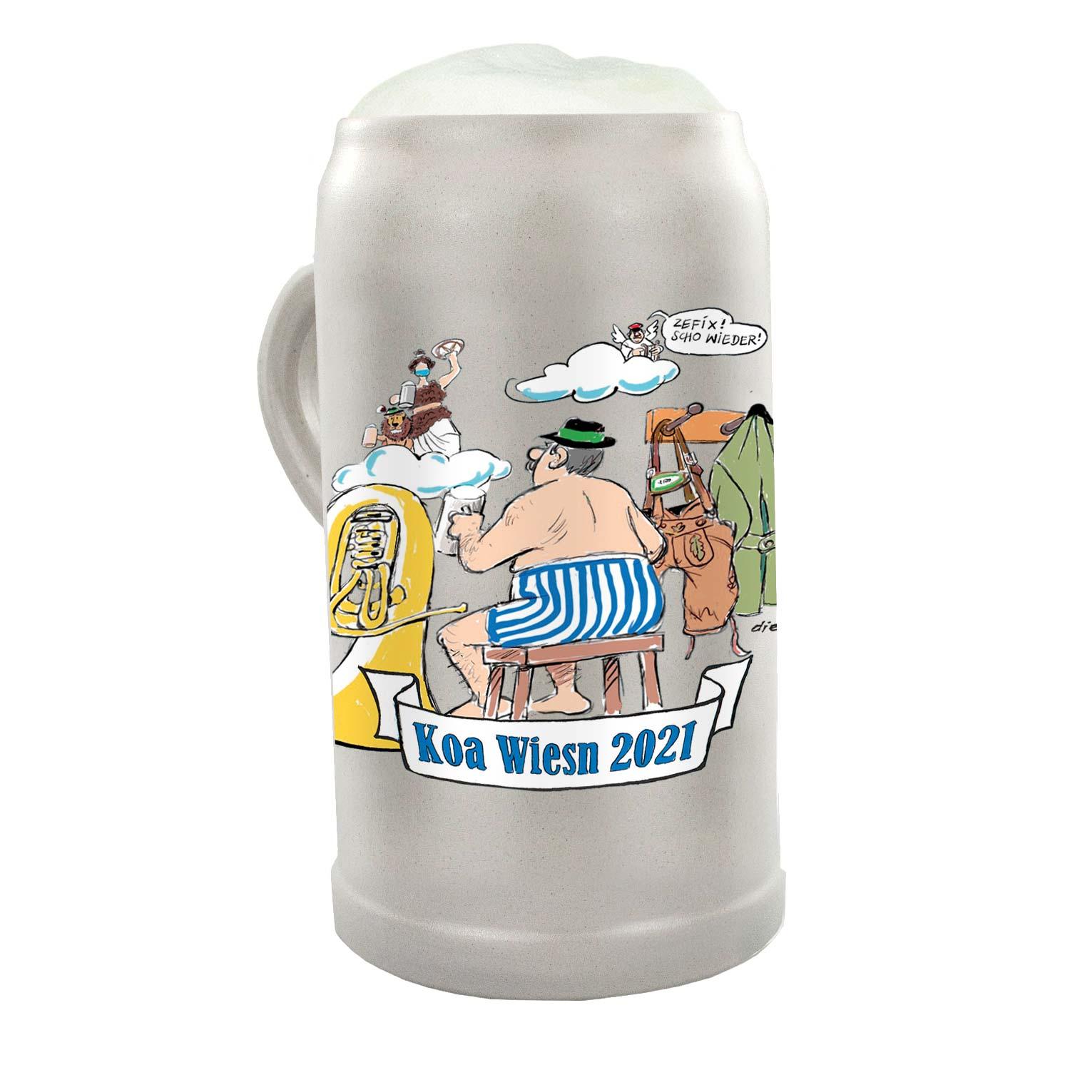 Steinkrug mit Henkel, farbigem Wiesn-Motiv 2021, Schriftzug „Koa Wiesn“, limitierte Edition, 1,0 Liter.