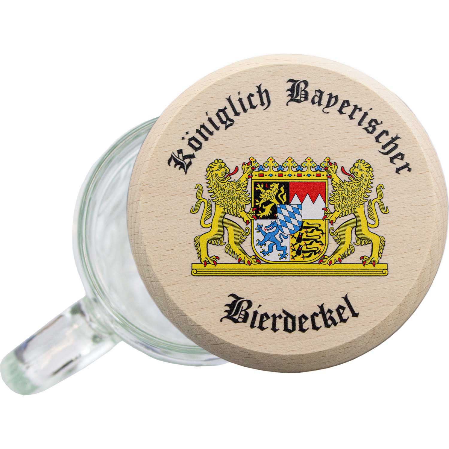 Runder Holz-Bierdeckel mit farbigem bayerischem Wappen und Schriftzug „Königlich Bayrisch“, Durchmesser 10 cm.