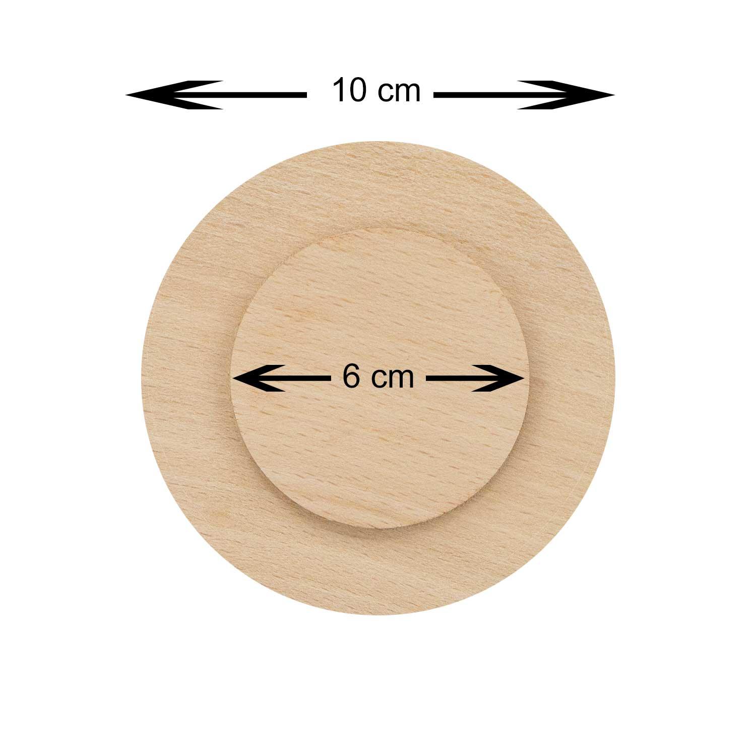 Holz Engel Aloisius Bierdeckel Harfe mit 10 cm und 6 cm Durchmesser, von oben fotografiert.
