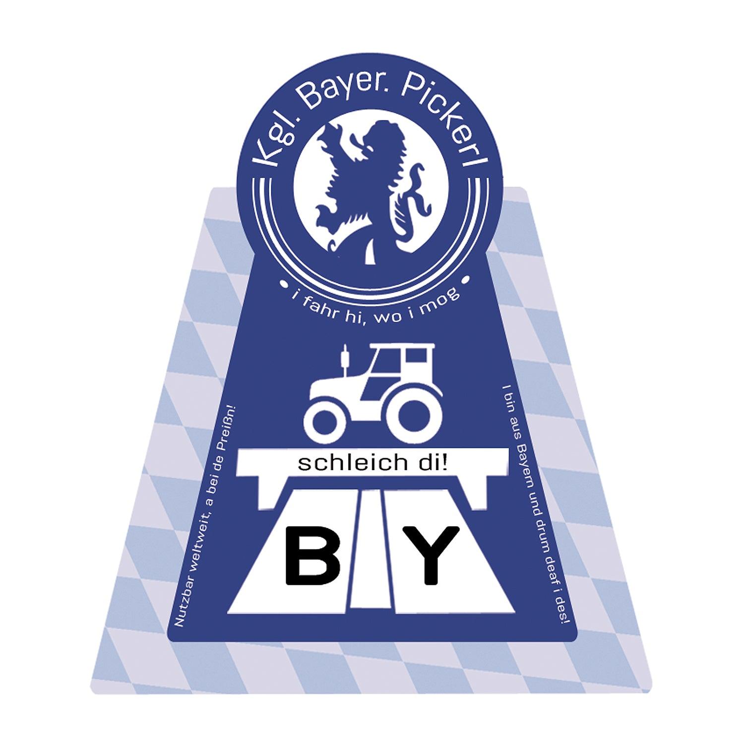 Quadratischer Fensteraufkleber mit bayerischem Wappen, goldener Krone und Schriftzug „Königlich bayrisches Mautpickerl“ in Blau; Maße 62 × 62 mm.