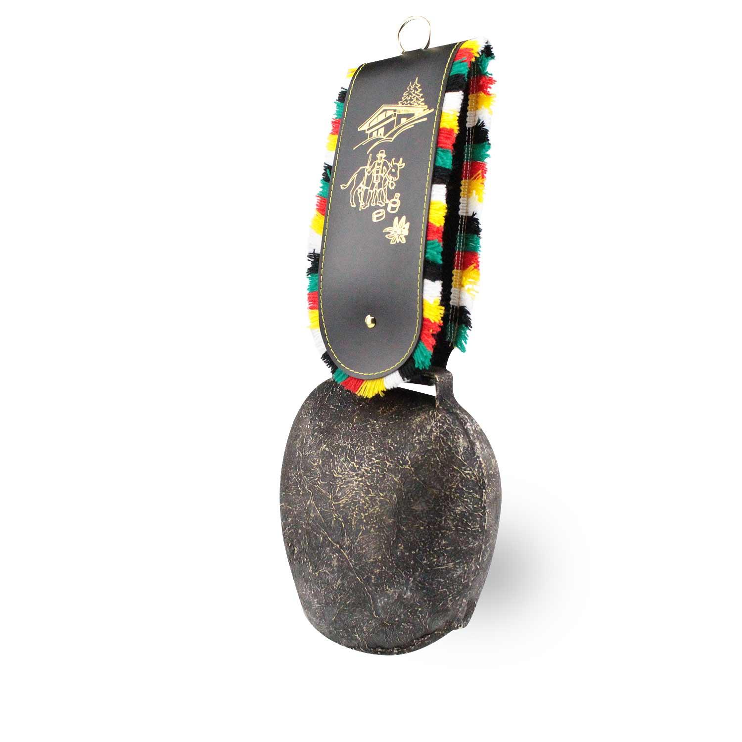 Kuhglocke Rustikal aus Metall mit Lederband, bestickt mit bayerischen Motiven und bunten Wolldetails.