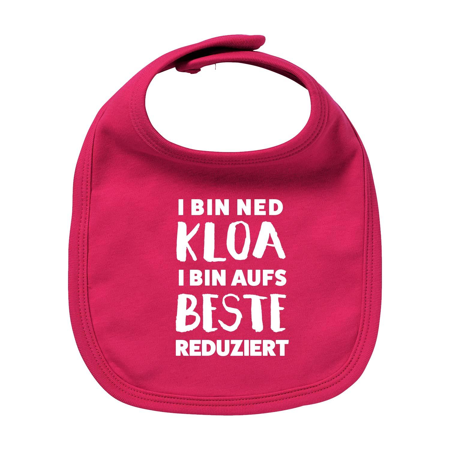 Bayerisches Baby-Lätzchen in Dunkelblau mit weißem Schriftzug „aufs Beste reduziert“, aus Bio-Baumwolle, oval geformt.