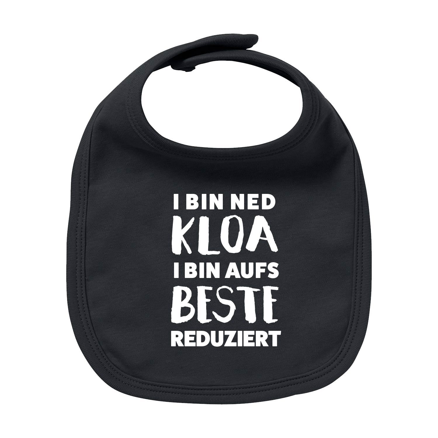 Bayerisches Baby-Lätzchen in Dunkelblau mit weißem Herz-Motiv und Schriftzug „aufs Beste reduziert“, Bio-Baumwolle.