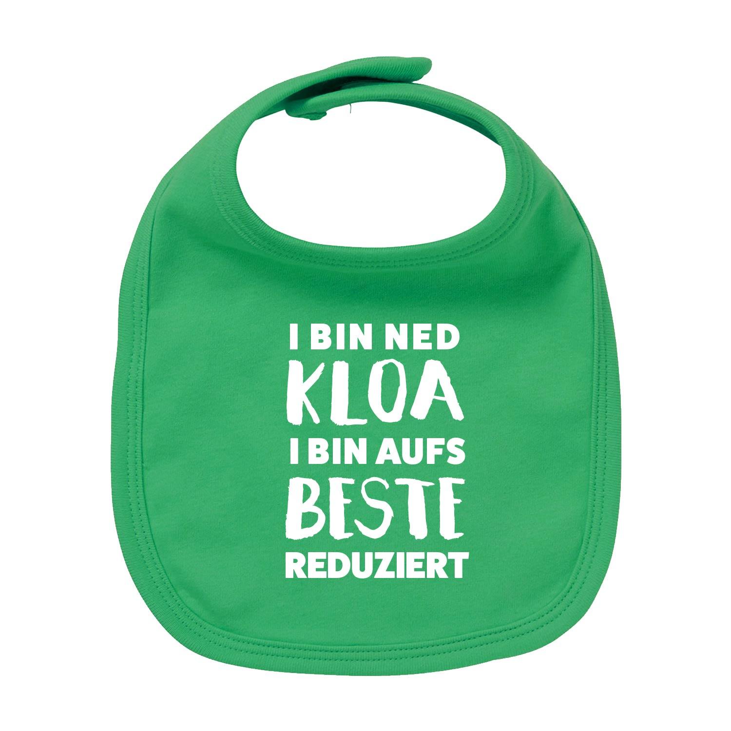 Weißes Baby-Lätzchen mit blauem Herz-Motiv und Schriftzug „aufs Beste reduziert“, aus Bio-Baumwolle, 35 × 22 cm.